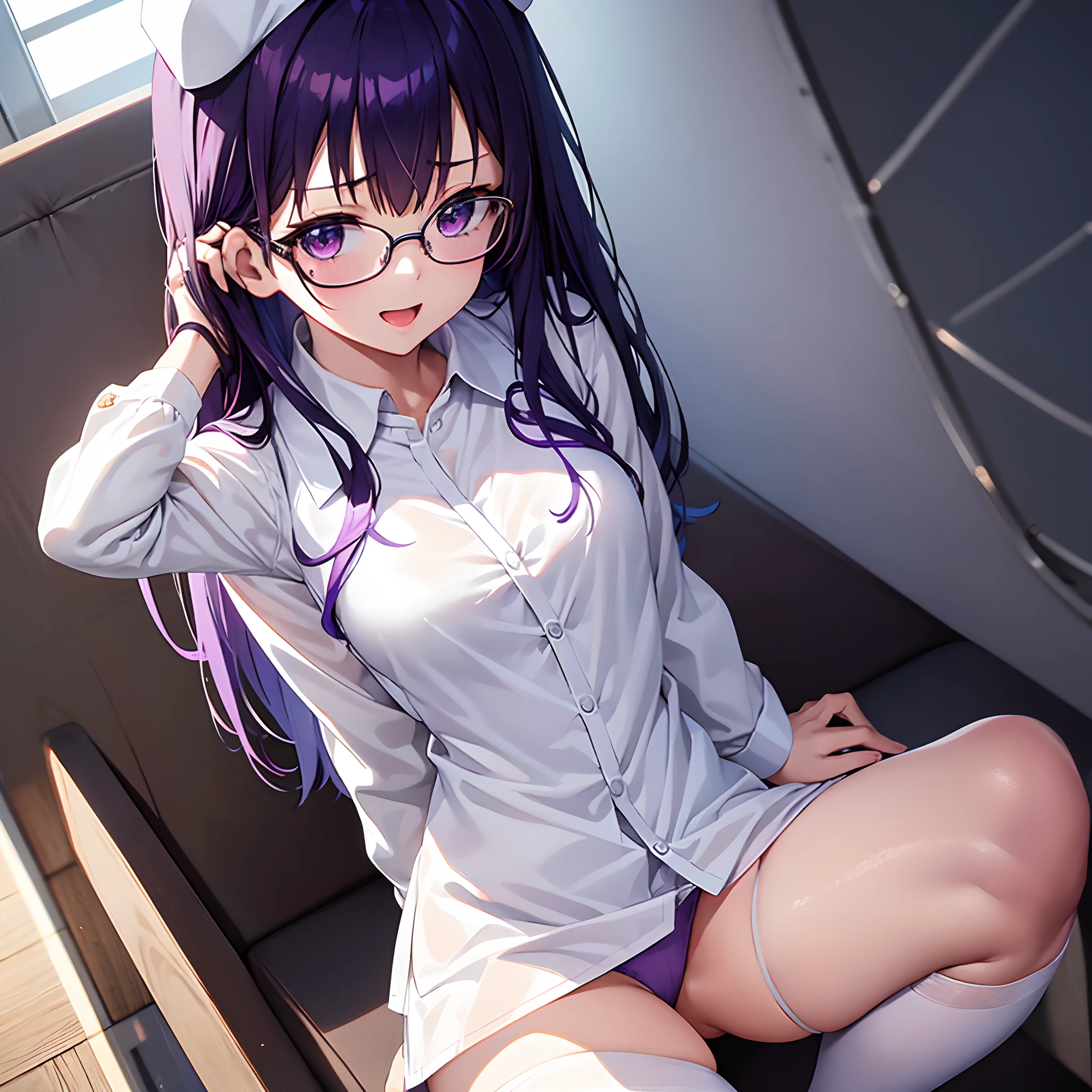 （masutepiece:1.3),(Best Quality:1.3), High resolution, Couboy Shot、The buttons on my chest seem to slip, (One Cute Girl:1.3), 独奏, huge smile、Wearing glasses、wide forehead、Arms spread wide、Big iridescent heart on background、Angel Ring、long purple hair，Open mouth ，Caregiver，Hospital Room、hospitals，White nurse's uniform is fluttering，White nurse hat，nurse's outfit、Sit down, reaching out her hands、looking at viewert，Black pantyhose、White pants、Eyes are purple, Miraculous Eye、Underwear is sheer、The color of the underwear is see-through white、yogapose、Straighten your back、Squat position、Hands between legs、Sitting knee-to-knee、perfect hand、5 fingers、Five fingers、Raise your arms up