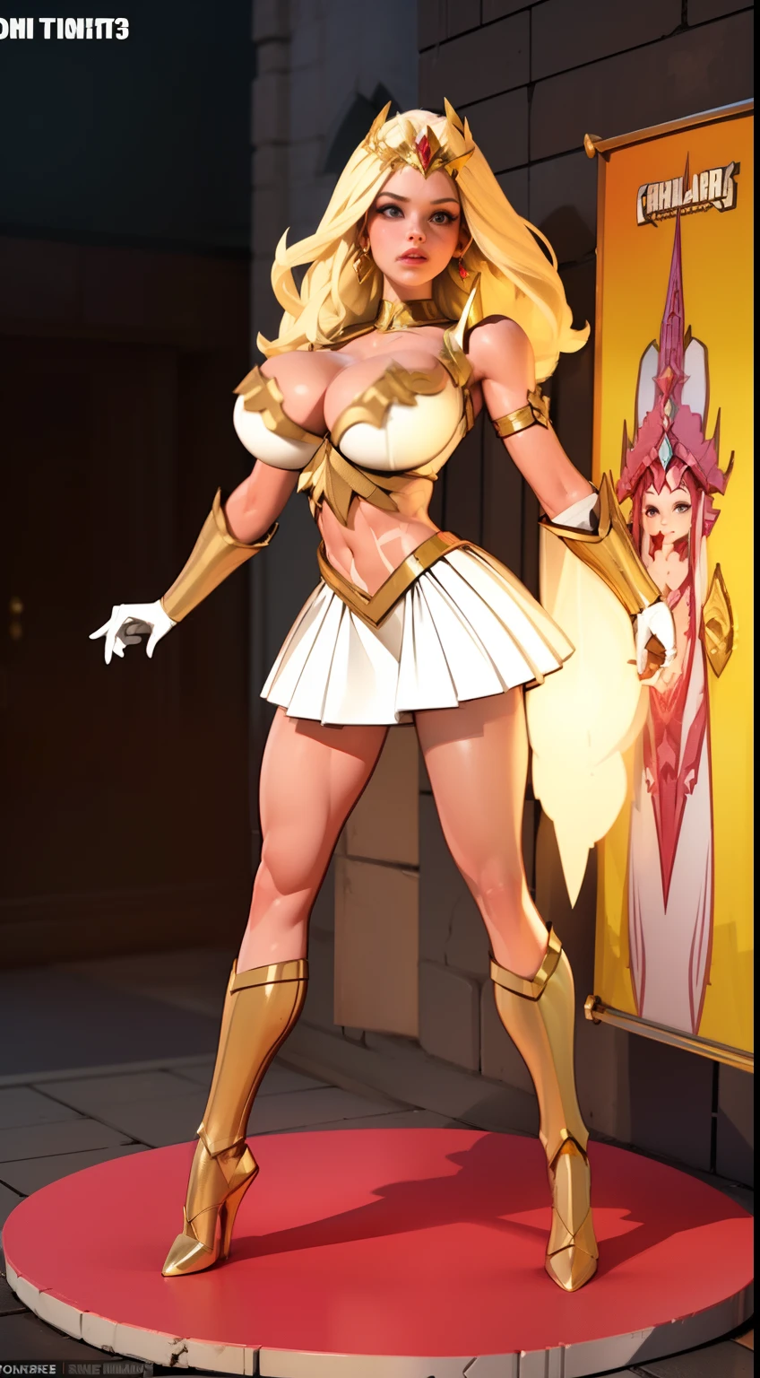 ((3d render:1.4)), ((full body view:1.2)), ((she-ra)),((1985)), (pale skin:1.2), (white skin:1.5), ((front view:1.3)), pale face, (puffy lips:1.4), (crown:1.4),(white skirt), ((gold gauntlets:1.3)), ((red cape:1.1)), (gigantic breasts:1.4), ((gigantic breasts:1.3)), design sheet, masterpiece, (slendered abs:1.2) ,detailed , shiny skin, beautiful lighting from the side, harsh light,epic pose, dynamic movie poster