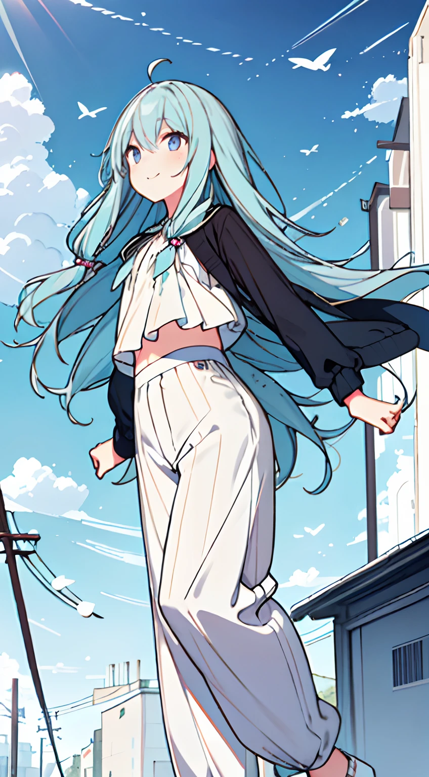 masuter piece, Best Quality,32K、Wallpaper, ultra -detail, Absurd beauty, 1beautiful girl、Big crisp eyes、Hair fluttering in the wind、Slender legs、Smaller head、miscievous smile、Angle looking up from below:1.3、Poses in motion、Pants Style、Mouth open