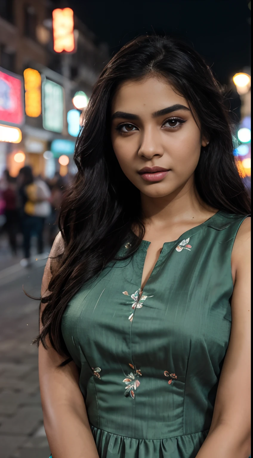 ultra-realistic photographs,Indian Instagram female model,mid 20s,9:16,mid-shot,beautiful detailed eyes,detailed lips,longeyelashes,long black wavy hair, naturally full eyebrows,perfectly formed nose,expressive face,attractive appearance,candid photo,vibrant and colorful frock, floral patterned, night street background, serene atmosphere,stunning architecture,soft and natural lighting,vivid colors,photorealistic,HDR,highres,studio lighting,ultra-detailed,bokeh,fully covered clothes