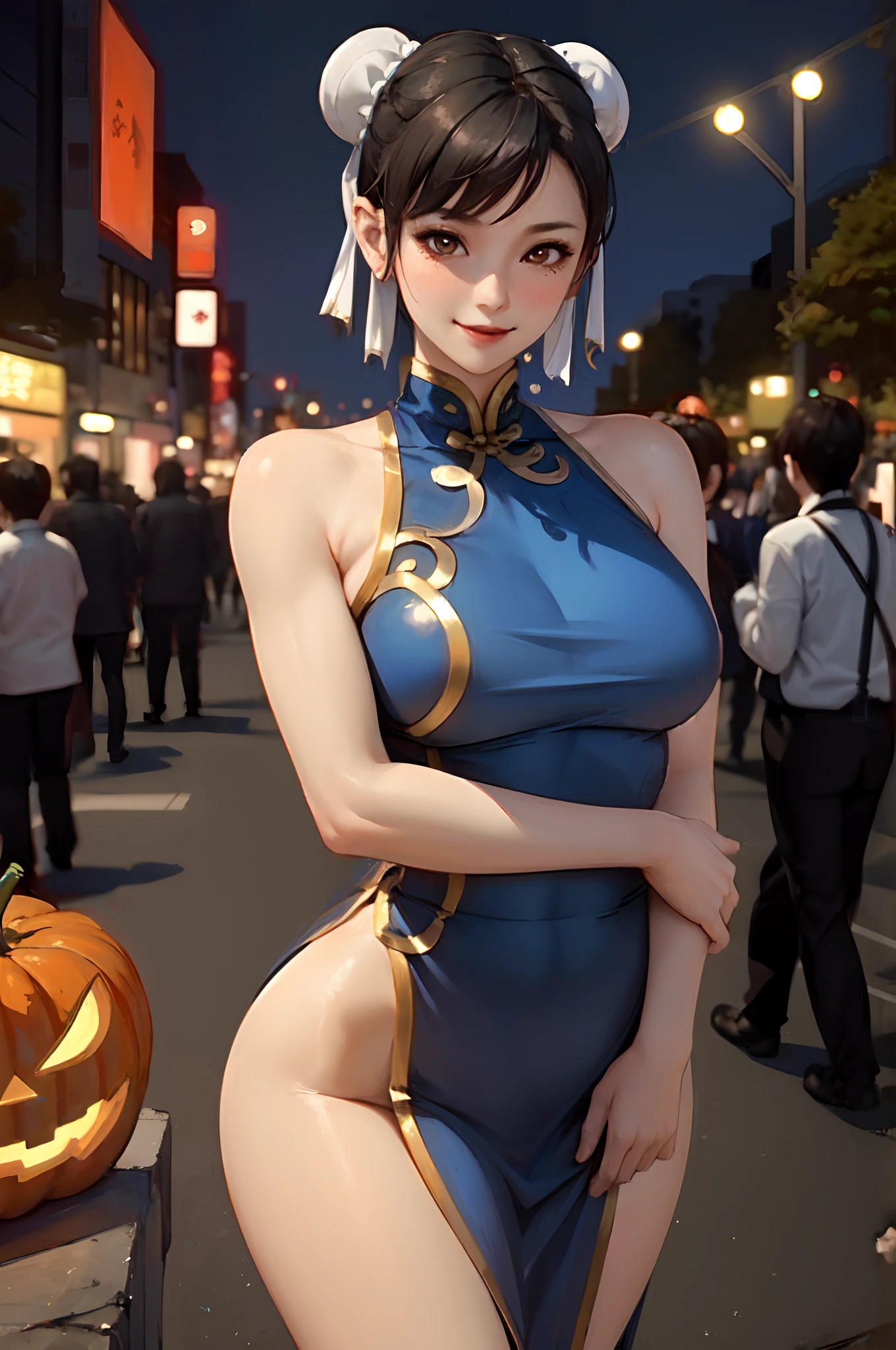 1lady standing, (Chun-Li costume:1.2), mature female, /(black short hair/) bangs, blush kind smile, (masterpiece best quality:1.3) delicate illustration ultra-detailed, large breasts, pantyhose BREAK /(streets of Shibuya/) outdoors, jack-o'-lantern Halloween parade, crowded audience