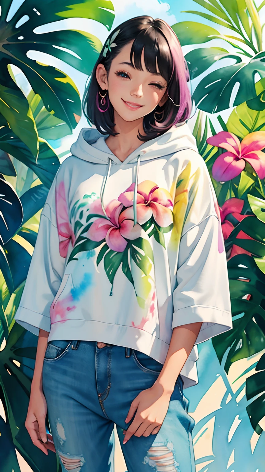 a Plumeria painting with a tropical background and spray paint effect, plumeria design hoodie and jeans , upper body centered, multi-color hair, 1 eye closed, big happy smile, watercolor art,  watercolor painting, watercolor painting style, watercolor detailed art, watercolor digital painting, watercolor paint, masterfully detailed watercolor, watercolor art