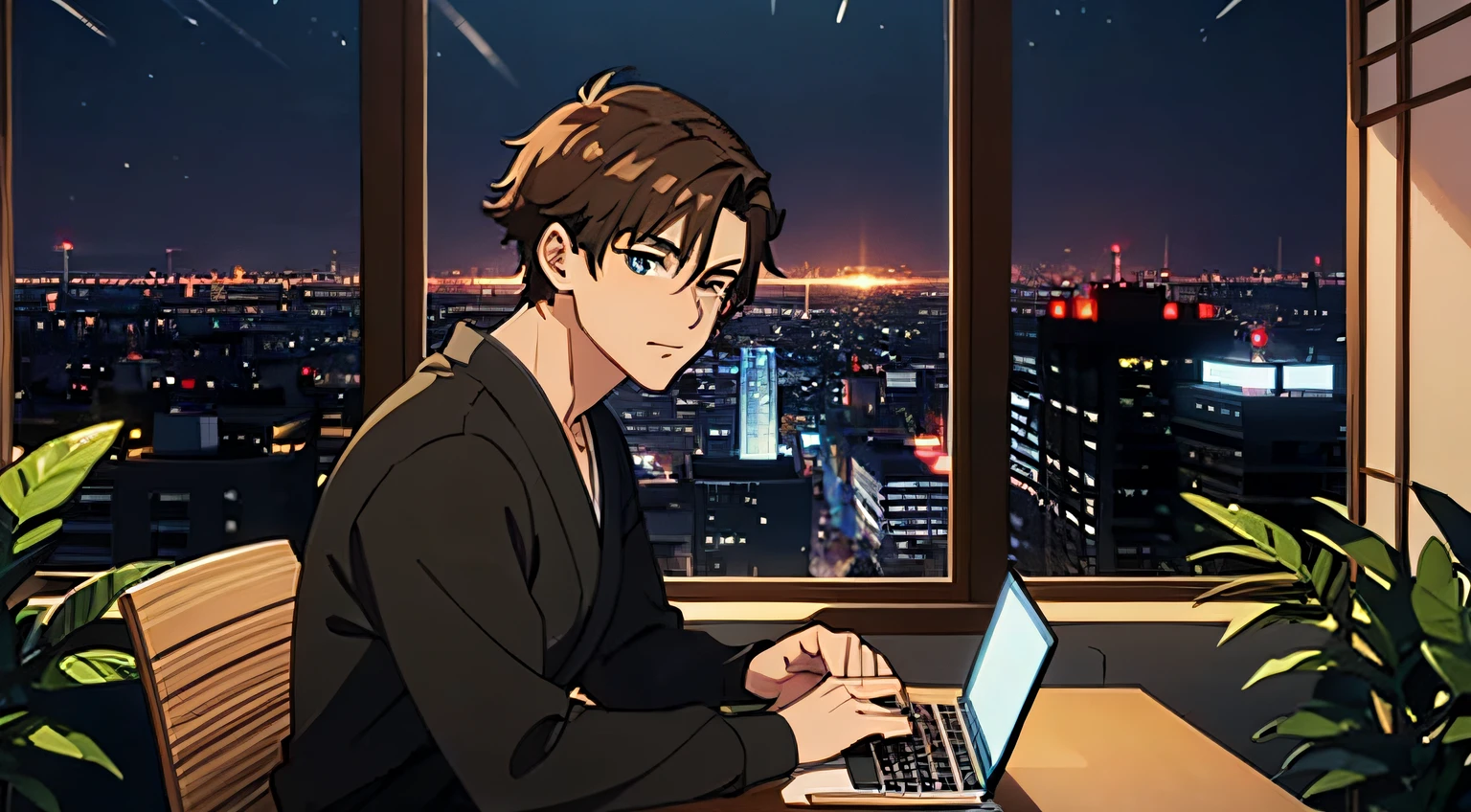 generate imate lofi, japanese anime style, , in a cafe, stunning interior, grand and spacious, at a corner there is a 21 year old male, very handsome, typing on the laptop computer, his eyes are on the  at the computer, kitten by his side, at night, dark, dim lighting, his hair is brown, wearing casual clothes, he lokks relaxed, large window, stunning city view from the window, very detailed face, detailed city, plants in the cafe