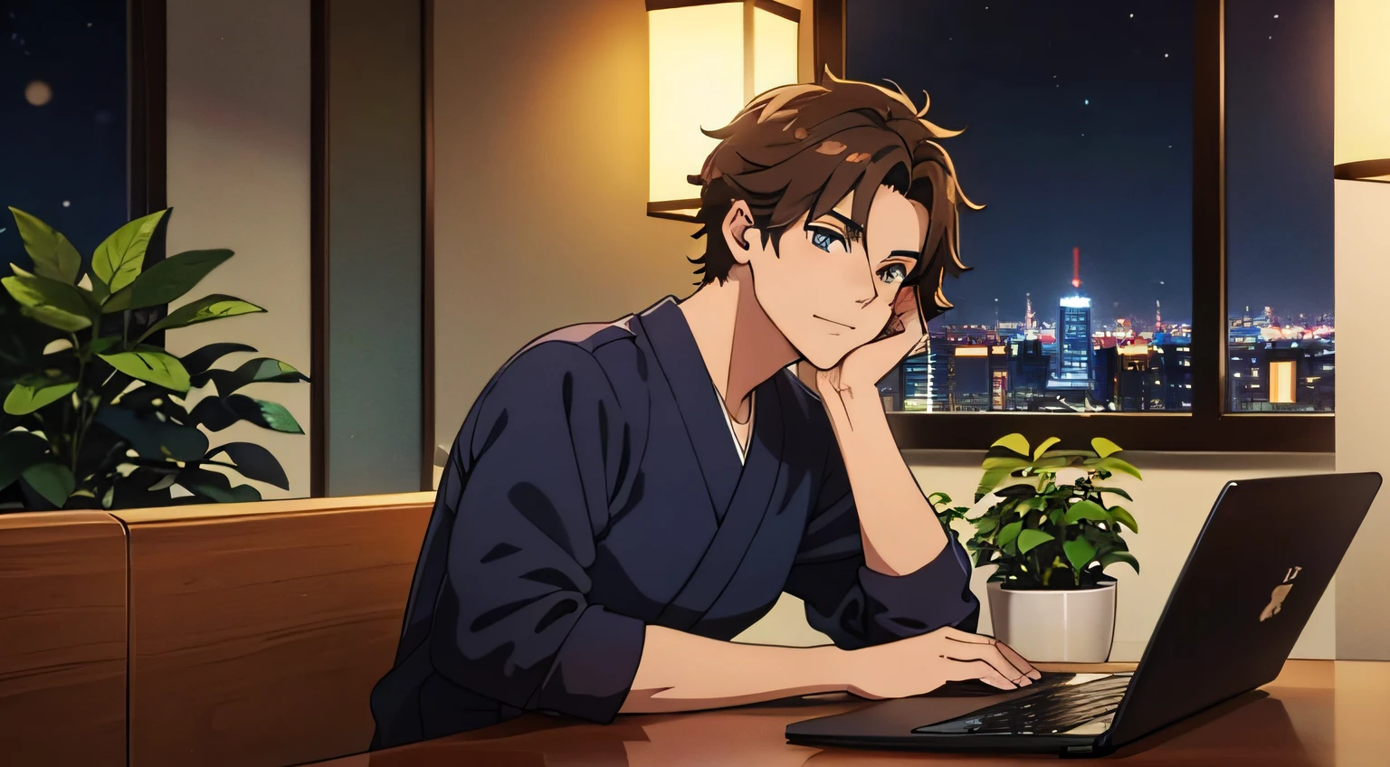 generate imate lofi, japanese anime style, , in a cafe, stunning interior, grand and spacious, at a corner there is a 21 year old male, very handsome, typing on the laptop computer, his eyes are on the  at the computer, kitten by his side, at night, dark, dim lighting, his hair is brown, wearing casual clothes, he lokks relaxed, large window, stunning city view from the window, very detailed face, detailed city, plants in the cafe