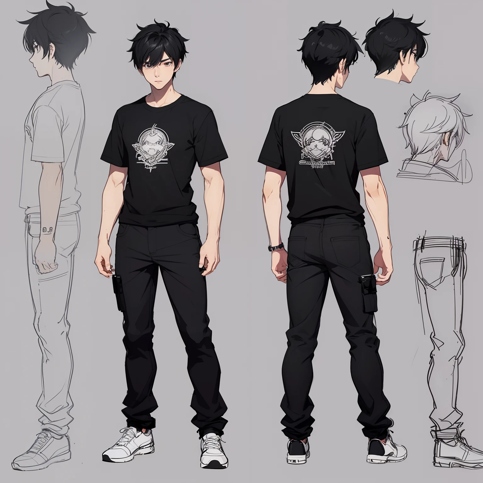 (character sheet:1.2),a 20 years old boy ,black hair, wearing a t-shirt and pant,line art ,,character sheet detailed, , anime studio Style, standard quality,3 different angles, highly detailed body parts.,simple background,(sketch art:1.2)