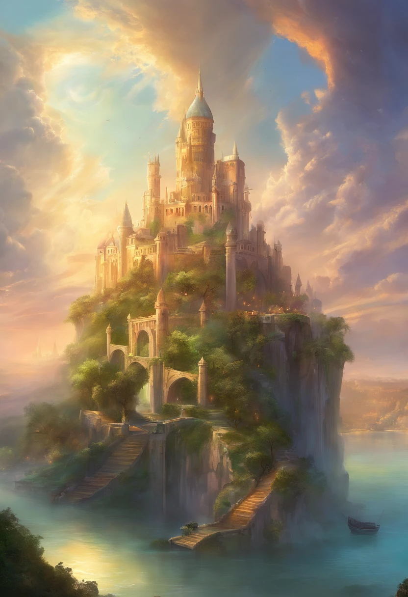 A heavenly city of all sizes, with castle, Bridges & Lakes, Magnificent gardens, heaven,Abode of Deus, With Greek pillars