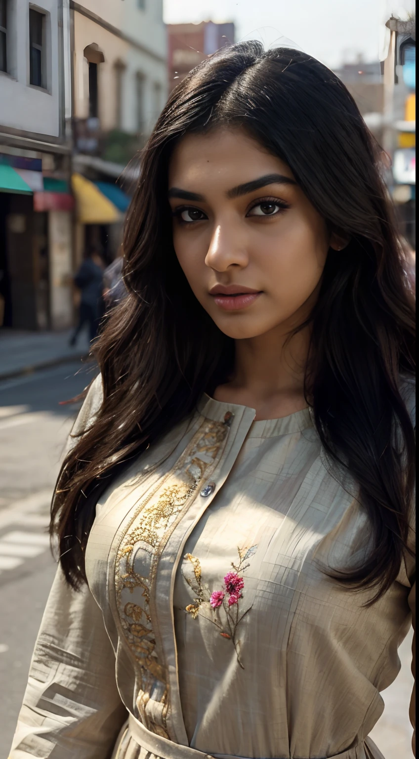 ultra-realistic photographs,Indian Instagram female model,mid 20s,9:16,mid-shot,beautiful detailed eyes,detailed lips,longeyelashes,long black wavy hair, naturally full eyebrows,perfectly formed nose,expressive face,attractive appearance,candid photo,vibrant and colorful frock, heavily embroidered, golden hour street background, serene atmosphere,stunning architecture,soft and natural lighting,vivid colors,photorealistic,HDR,highres,studio lighting,ultra-detailed,bokeh,fully covered clothes