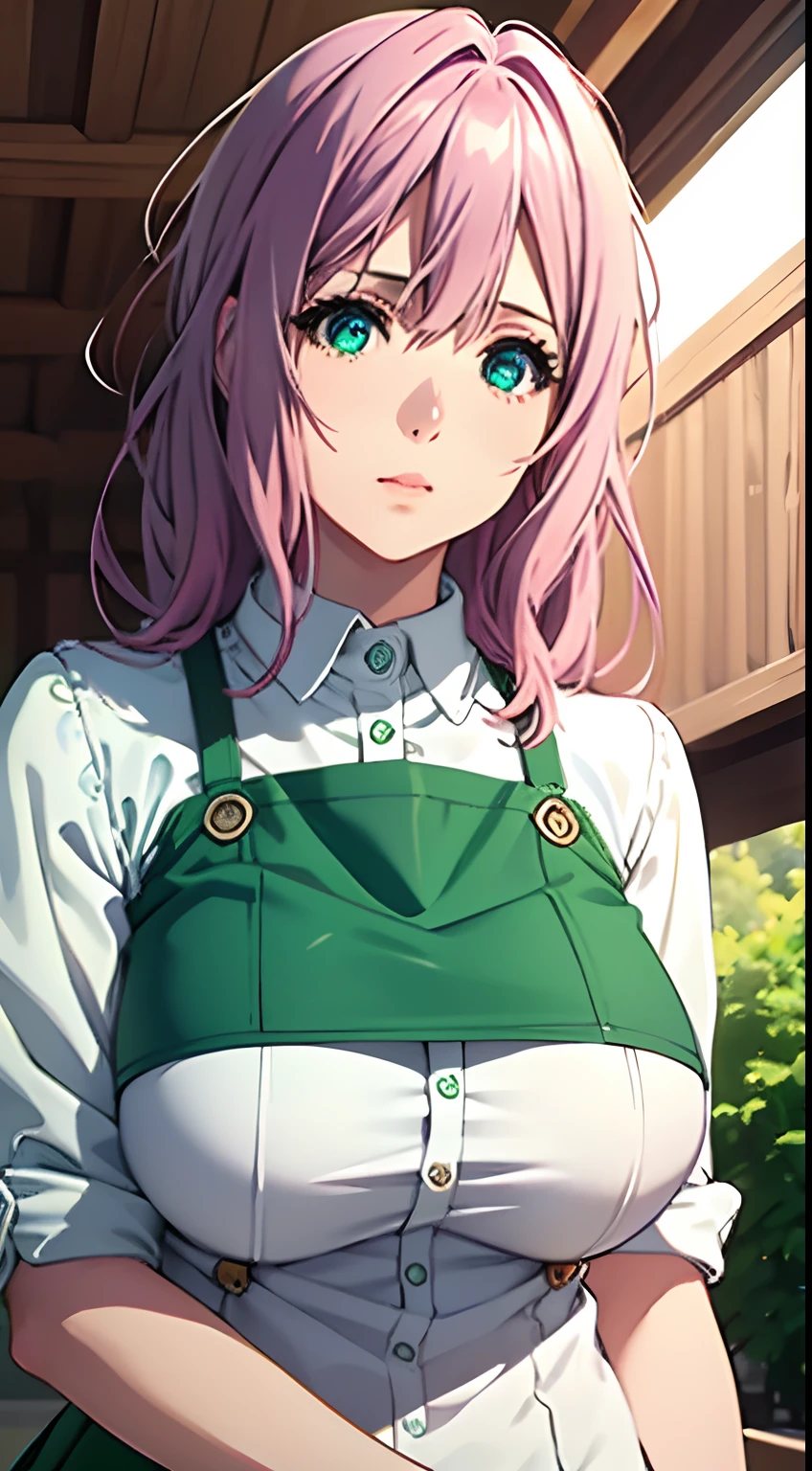 Cute girl,big sized boobs, green colour clothes, white apron, purple eyes and pink hair, short skirt, ultra realistic eyes , Spaceship outside, bright purple eyes, ultra realistic detailed eyes, innocent eyes, looking at camera