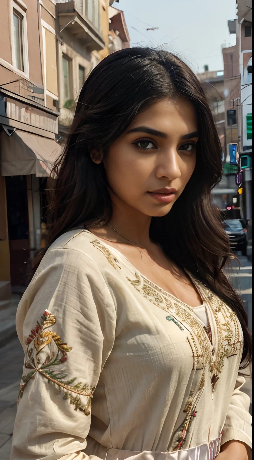 ultra-realistic photographs,Indian Instagram female model,mid 20s,9:16,mid-shot,beautiful detailed eyes,detailed lips,longeyelashes,long black wavy hair, naturally full eyebrows,perfectly formed nose,expressive face,attractive appearance,candid photo,vibrant and colorful frock, heavily embroidered, golden hour street background, serene atmosphere,stunning architecture,soft and natural lighting,vivid colors,photorealistic,HDR,highres,studio lighting,ultra-detailed,bokeh,fully covered clothes