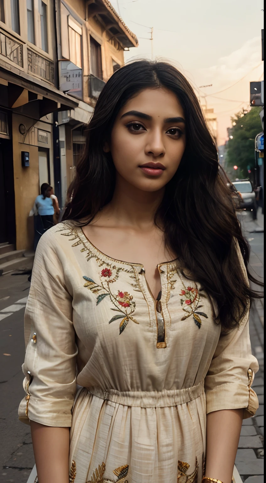 ultra-realistic photographs,Indian Instagram female model,mid 20s,9:16,mid-shot,beautiful detailed eyes,detailed lips,longeyelashes,long black wavy hair, naturally full eyebrows,perfectly formed nose,expressive face,attractive appearance,candid photo,vibrant and colorful frock, heavily embroidered, golden hour street background, serene atmosphere,stunning architecture,soft and natural lighting,vivid colors,photorealistic,HDR,highres,studio lighting,ultra-detailed,bokeh,fully covered clothes