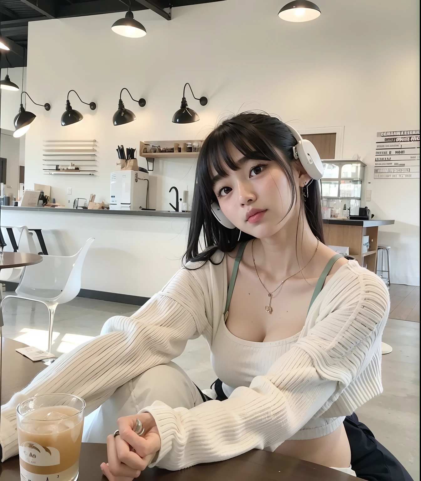 Woman sitting at a table with a drink in hand, lofi girl aesthetic, menina lofi, branco hime corte penteado, menina coreana, Ulzzang, linda mulher coreana jovem, a young asian woman, menina jovem e bonito, lofi aesthetic, young asian girl, aesthetic, com fones de ouvido, Elogio Artstyle, Beautiful Asian girl