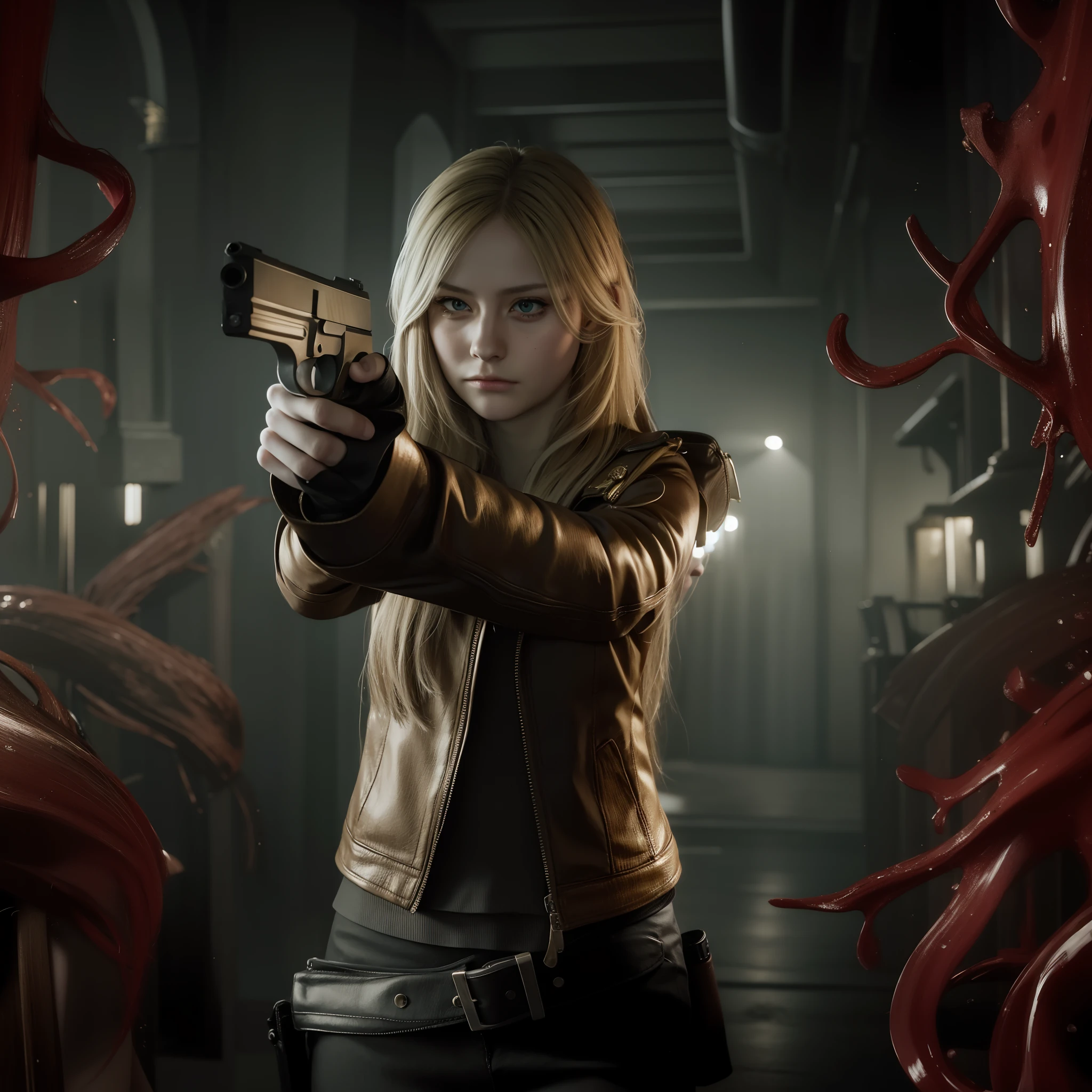 beautiful face, long blonde hair, glare expression, detailed, hold a pistol