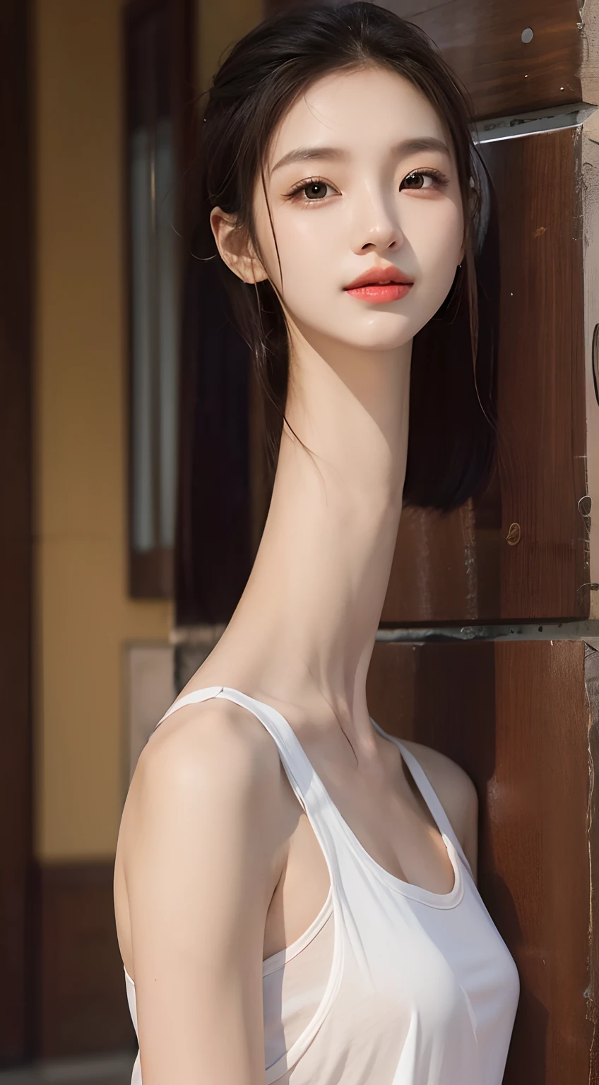 portrait of a cute korean woman, long neck, tall