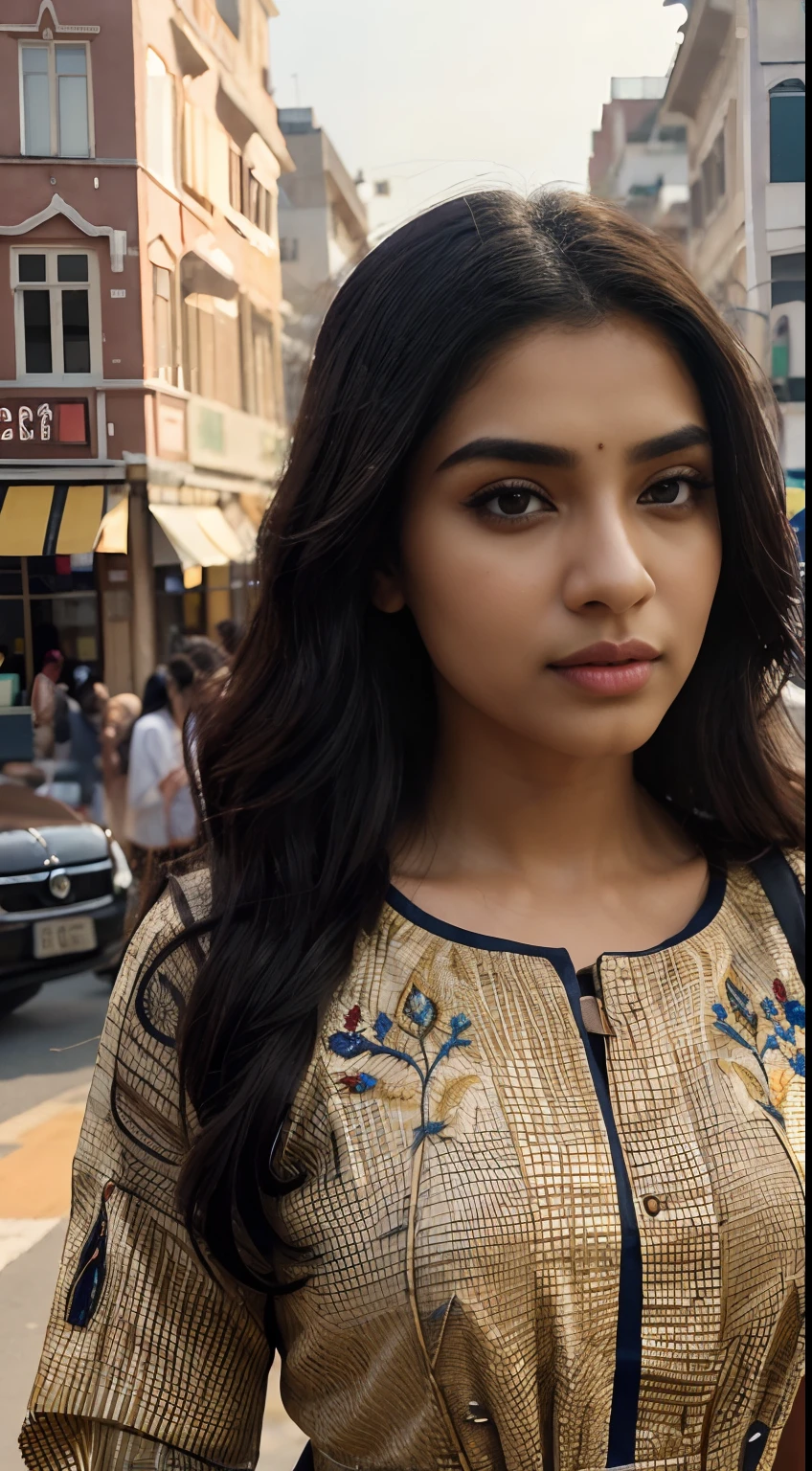 ultra-realistic photographs,Indian Instagram female model,mid 20s,9:16,mid-shot,beautiful detailed eyes,detailed lips,longeyelashes,long black wavy hair, naturally full eyebrows,perfectly formed nose,expressive face,attractive appearance,candid photo,vibrant and colorful frock, heavily embroidered, golden hour street background, serene atmosphere,stunning architecture,soft and natural lighting,vivid colors,photorealistic,HDR,highres,studio lighting,ultra-detailed,bokeh,fully covered clothes