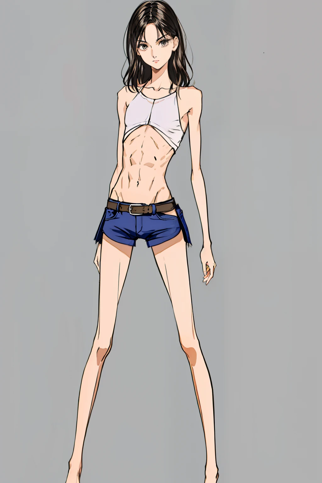 Realitsic very skinny top model girl, Charli D'amelio: 2.0 , naked, ((very very small waist)), ((ribs visible)), thin arms, thin legs, fine and beautiful face. ((Very skinny and fine body)), small breats, flatchest. ((Anorexic girl))., HD, 8k, high quality, ((thick belt at the squeeze waist))