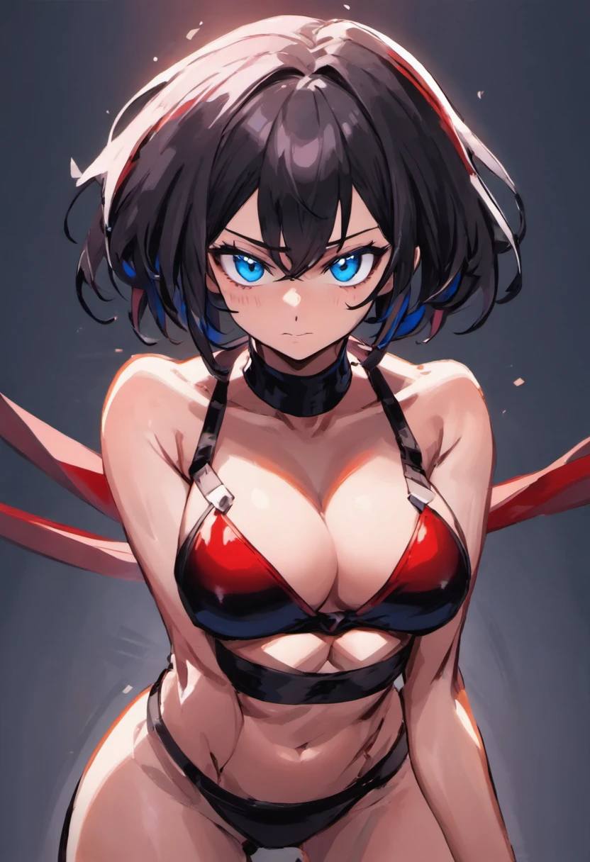 black hair with red highlights bare shoulders, crossed arms, muscular, blue eyes, view from below, smug smile on her face, small breast, femdom, ninja