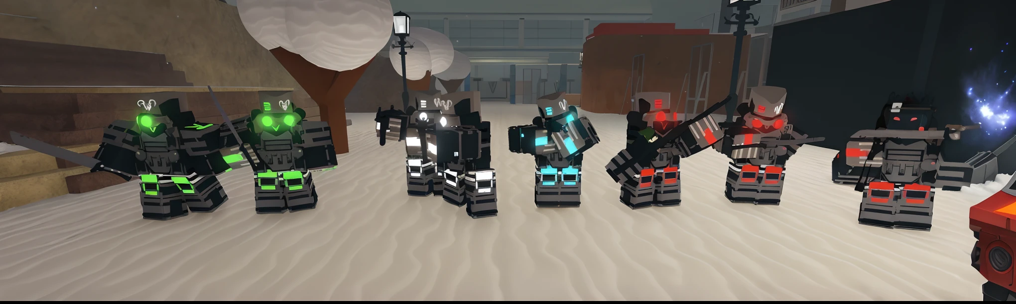 there are five legos that are standing in a row, combat mech clothes, army of robots, army of big robots, army of robotic space penguins, planetary annihilation titans, army of robotic penguins, armored units, vrchat, scifi robots, videogame screenshot, robot guards, soldiers and mech fight, mech machines firing bullets, war mechs fighting, hardsurface armour