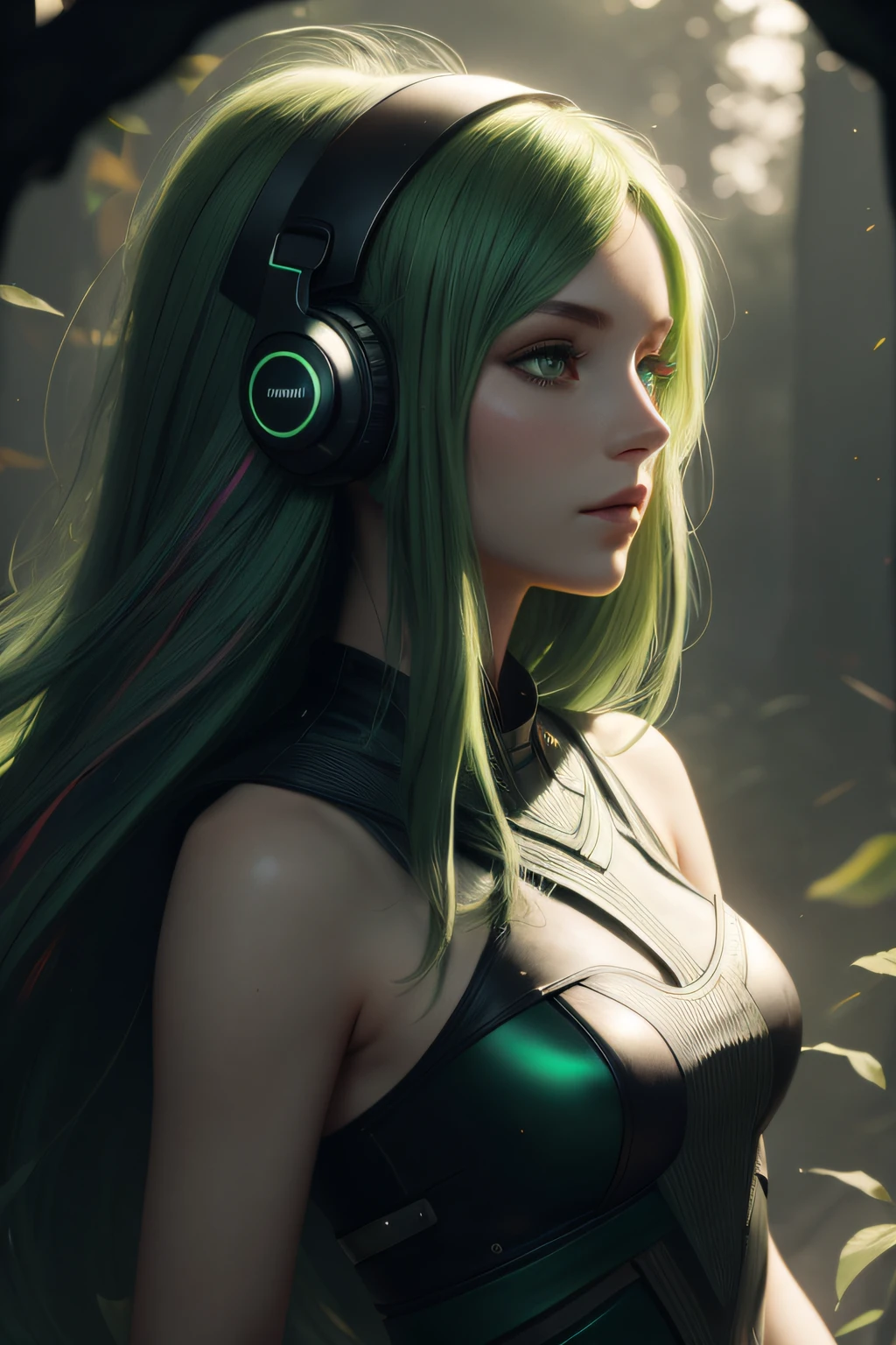 girl with long green hair, green eyes, futuristic vibes, mask on mouth, headphones, 8k, high quality, simple background, glowing eyes, nice pose