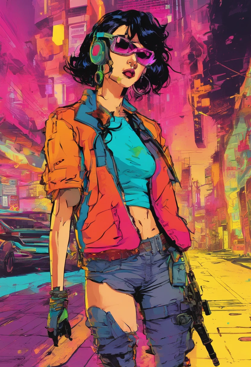 colorful comic book pulp art, pop art, beautiful hot cute super stylish Asian female in the streets of Tokyo, ink splatters, dynamic, clean lines, graphic novel, neon colors, style of Frank Frazetta and Yoji Shinkawa