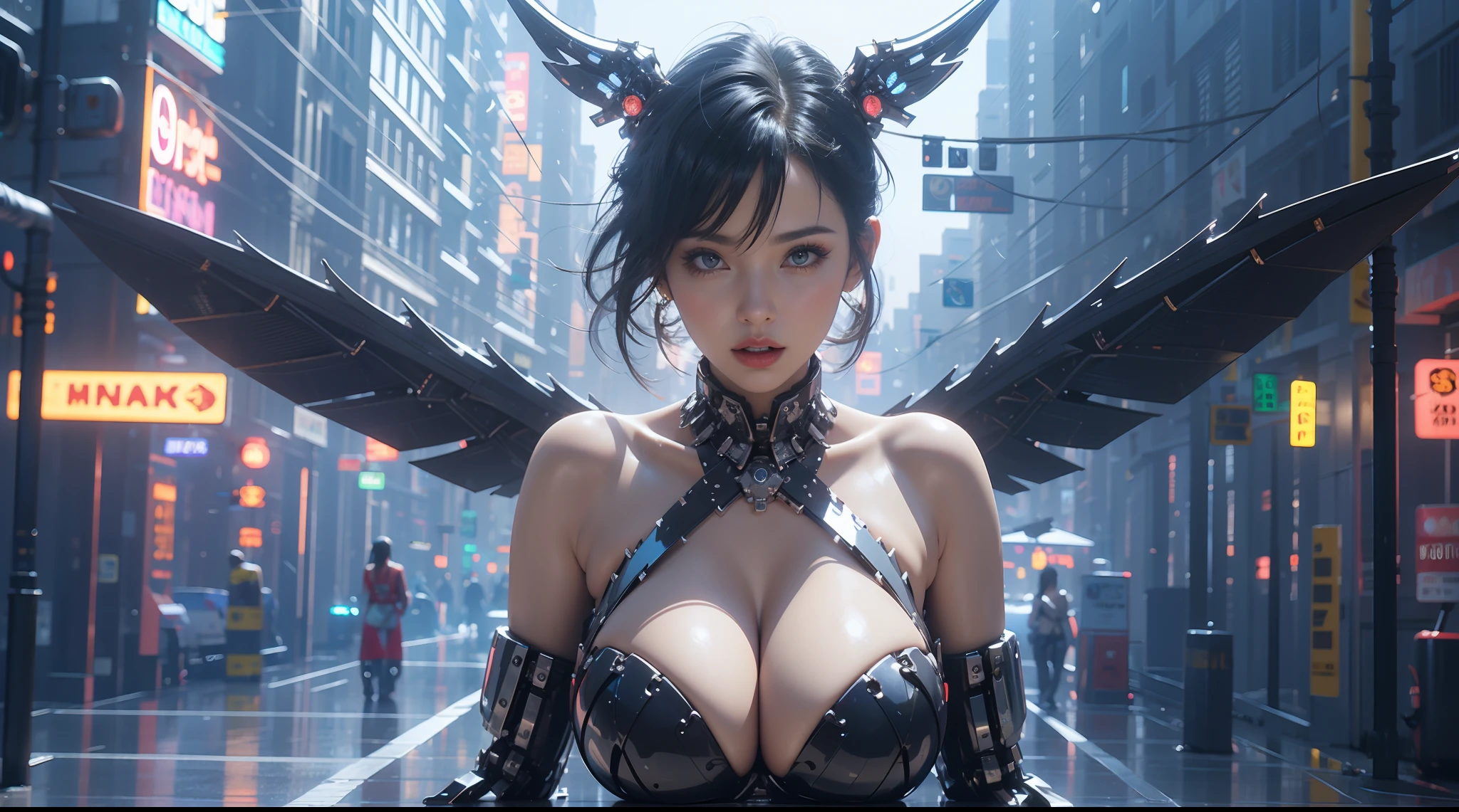 (3D realistic), gigantic cleavage breasts, (Shiny black hair), (cleavage), ((Mechanical wings)), Slim and sexy body, hyper HD, 8K,dramatics,(Mid-range portrait),The city of the future
