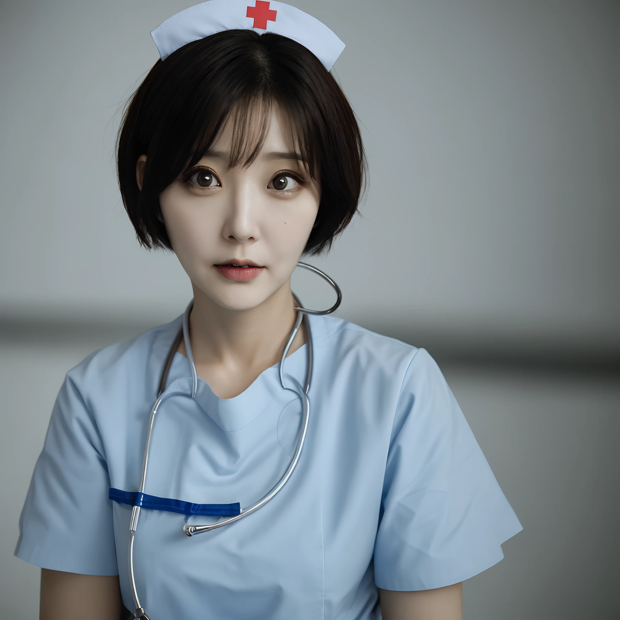 Forty years old, short hair, big eyes, sunken eyes, beautiful nurse