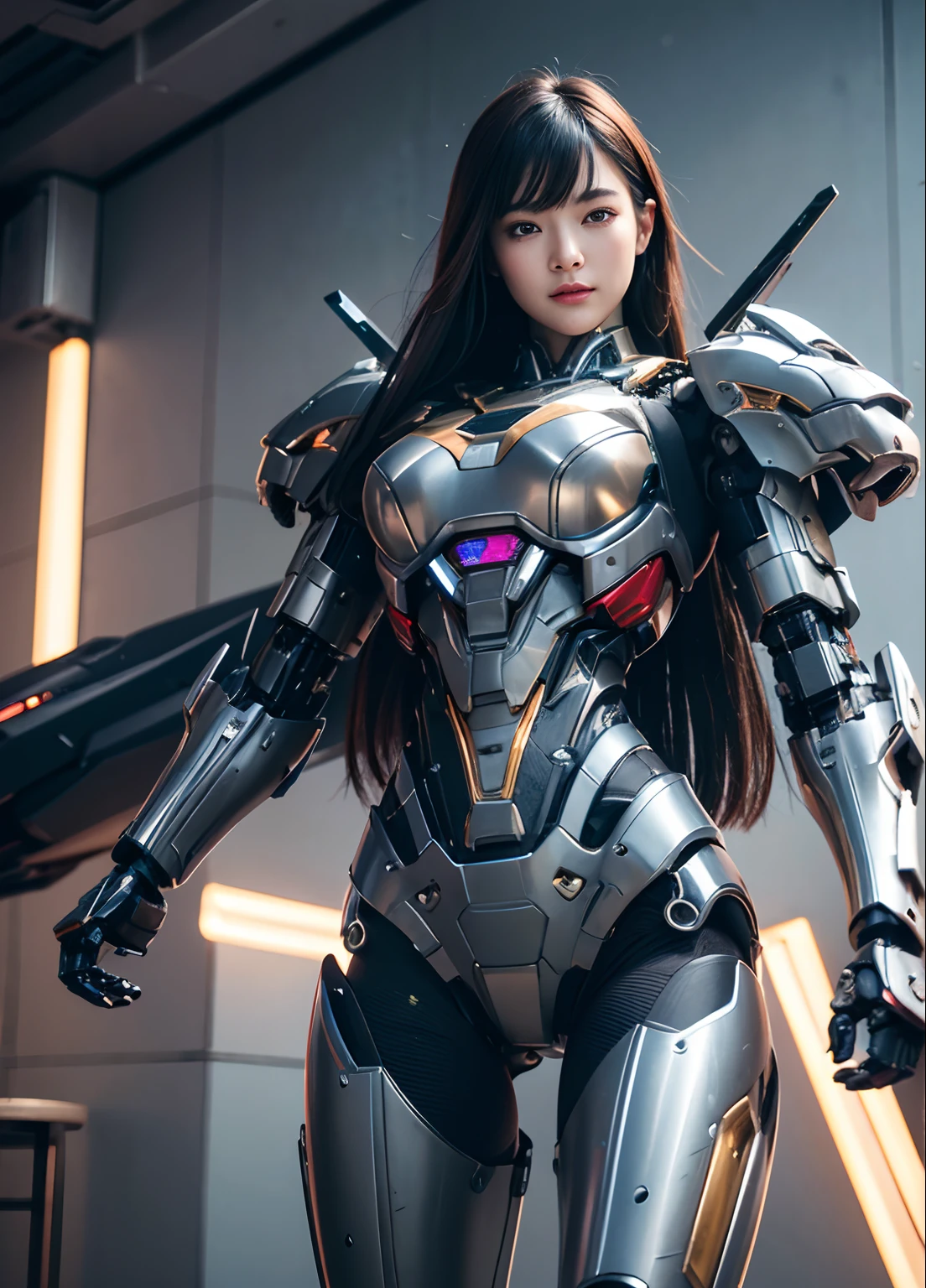 Textured skin, Super Detail, high details, High quality, Best Quality, hight resolution, 1080p, hard disk, Beautiful,(Superheroine),beautiful cyborg woman,Mecha Cyborg Girl,Battle Mode,Girl with a Mecha Body,She wears a futuristic war machine weapon mech,Fulll body Shot
