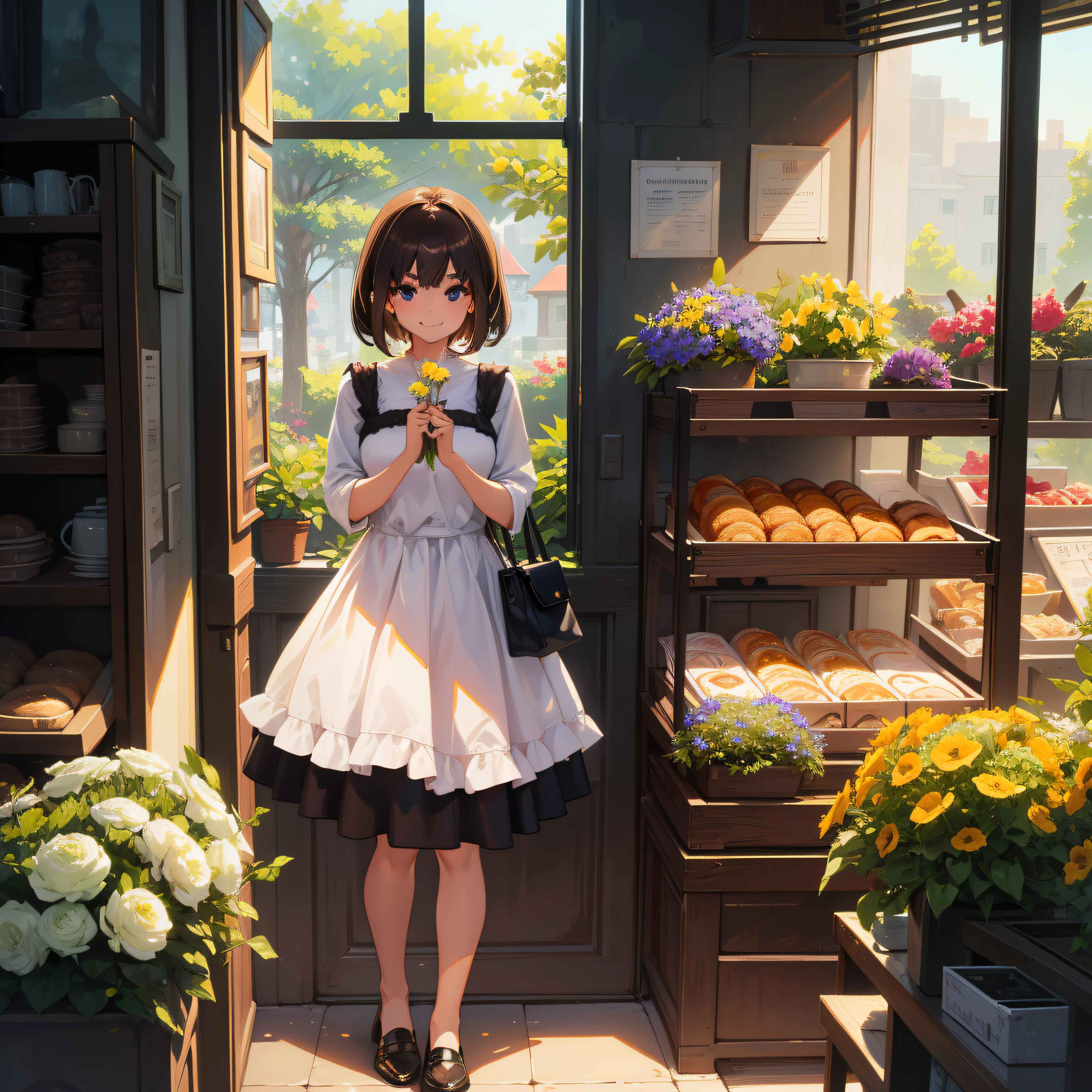 Interior Shop Saleswoman: A charming and sophisticated woman. The interior of the store is adorned with many dried flowers, creating a very clean and fresh atmosphere. Charming woman at work, attractive woman at 24 years old, (big: 1.3), solo, one person on screen, the best ratio of four fingers to one thumb, masterpiece, detail high resolution, volumetric lighting, best shadows, shallow depth of field, amazingly fun female portraits, petite and delicate and attractive face, attractive black eyes, slightly bewitching eyes, happy smile, appeal face, Mouth closed, (dark brown hair), hair intake short hair, thick eyelashes, (white dress), slim waist, long one-piece skirt, beautiful park with grassy blue sky, (best quality, amazing details:1.25), vivid colorful paintings, full body, brown loafers, beautiful sunlight, sell numerous sandwiches in showcase. The morning sun shining through the window is dazzling.