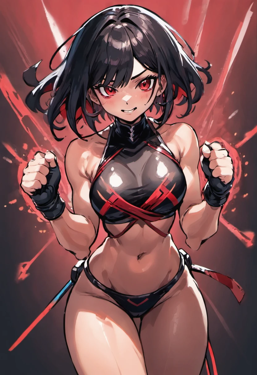 black hair with red highlights bare shoulders, crossed arms, muscular, view from below, condescending smile on her face, small breast, femdom, ninja, wielding a whip