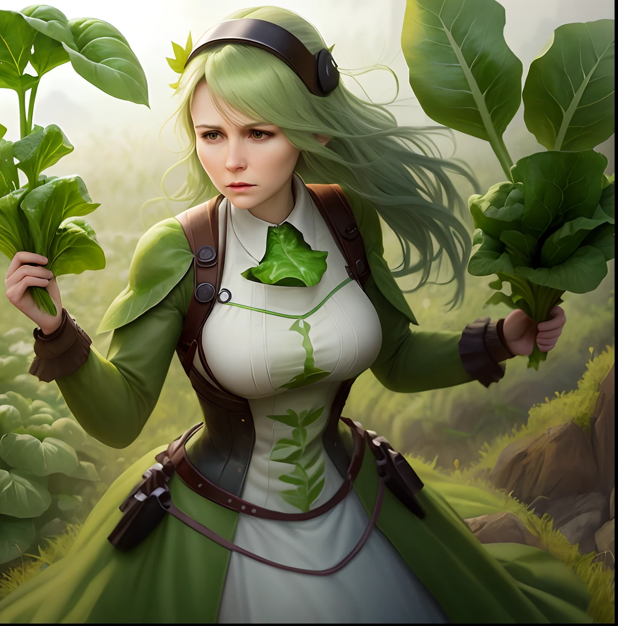 Tired, fed up, scientist woman with green, leafy lettuce for a head. Realistic. Not sexy. Not anime. Lettuce everywhere. Not fantasy.