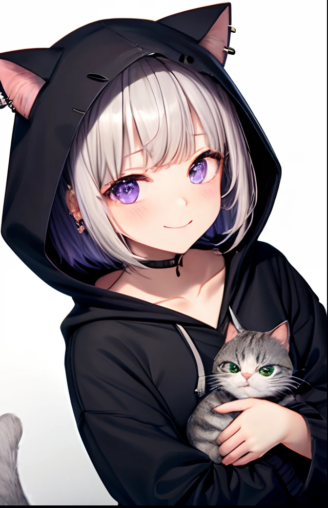 girl with、No background、without background、Background through、gray hair、Gray hair、Gray-colored hair、short-cut、bob cuts、Subject bangs、Pattsun bangs、Aligned bangs、Sareme、Sauce order、piercings、耳Nipple Ring、a purple eye、Purple eyes、、embarrassed from、A shy smile、Long Sleeve Cat Ear Hoodie、Wearing a cat-eared hoodie、Moe Sleeve、Long sleeves、kawaii、No background