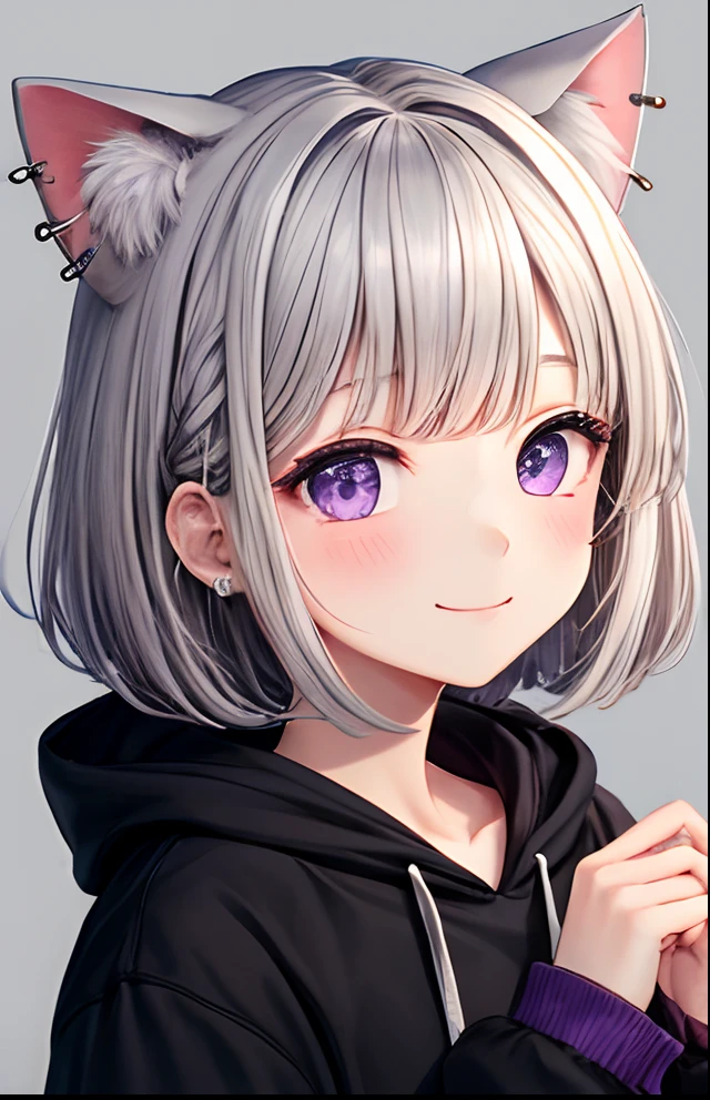 girl with、No background、without background、Background through、gray hair、Gray hair、Gray-colored hair、short-cut、bob cuts、Subject bangs、Pattsun bangs、Aligned bangs、Sareme、Sauce order、piercings、耳Nipple Ring、a purple eye、Purple eyes、、embarrassed from、A shy smile、Long Sleeve Cat Ear Hoodie、Wearing a cat-eared hoodie、Moe Sleeve、Long sleeves、kawaii、No background