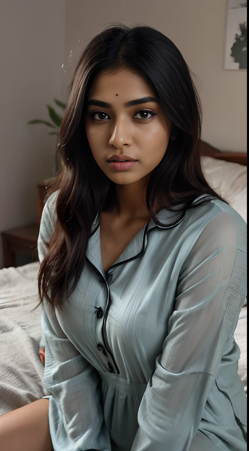 ultra-realistic photographs,Indian Instagram female model,mid 20s,9:16,mid-shot,beautiful detailed eyes,detailed lips,waking up, longeyelashes,black messy hair, naturally full eyebrows,perfectly formed nose,expressive face,attractive appearance,candid photo,vibrant and colorful pyjamas dress, plain dress, in bed background, soft and natural lighting,vivid colors,photorealistic,HDR,highres,studio lighting,ultra-detailed,bokeh,fully covered clothes