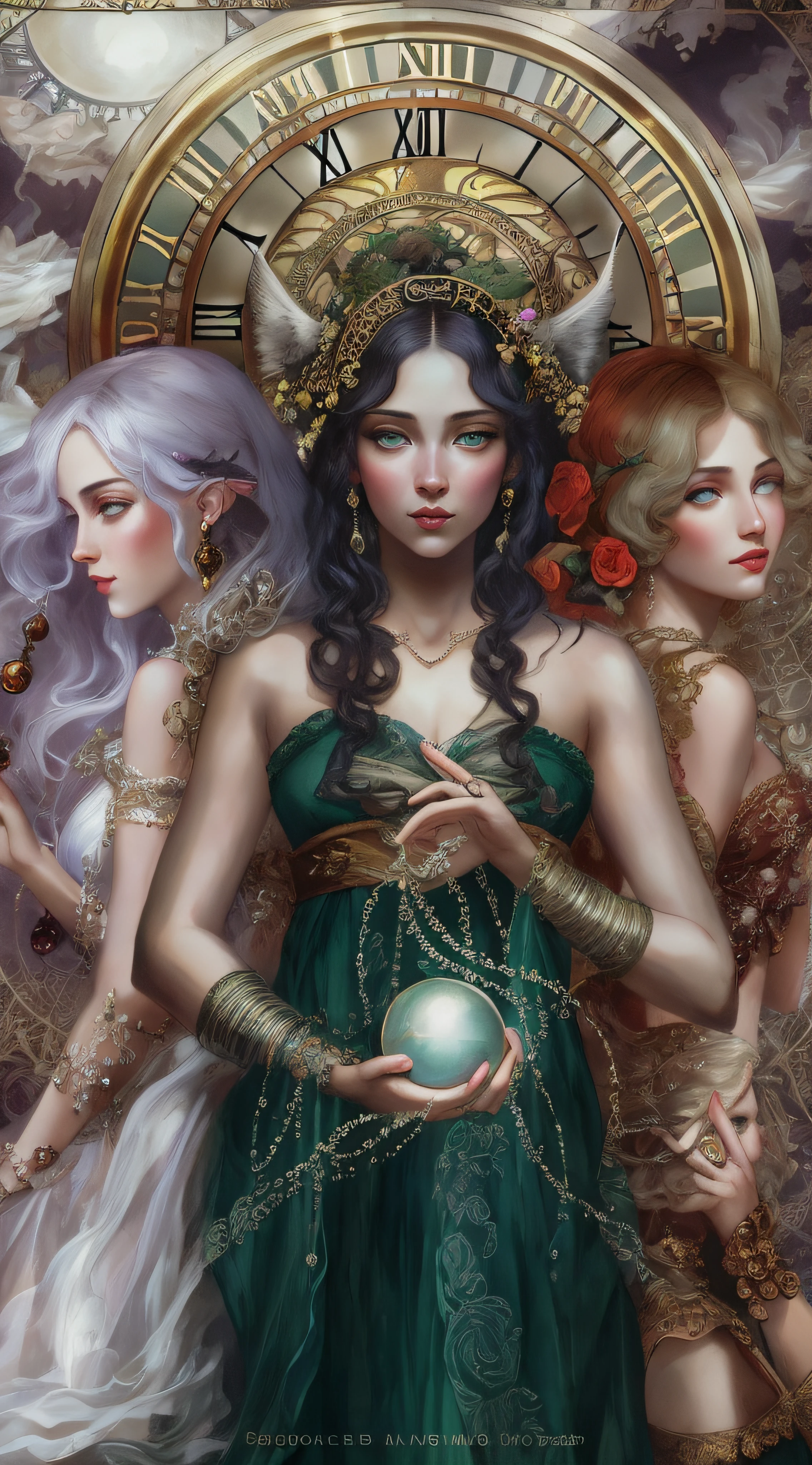 three women in a fantasy setting with a ball and a clock, triad of muses, hecate, !5 three eyed goddesses, the three fates, hecate goddess, tom bagshaw artstyle, artstyle tom bagshaw, by tom bagshaw and boris vallejo, artgerm and tom bagshaw, style of tom bagshaw, by tom bagshaw