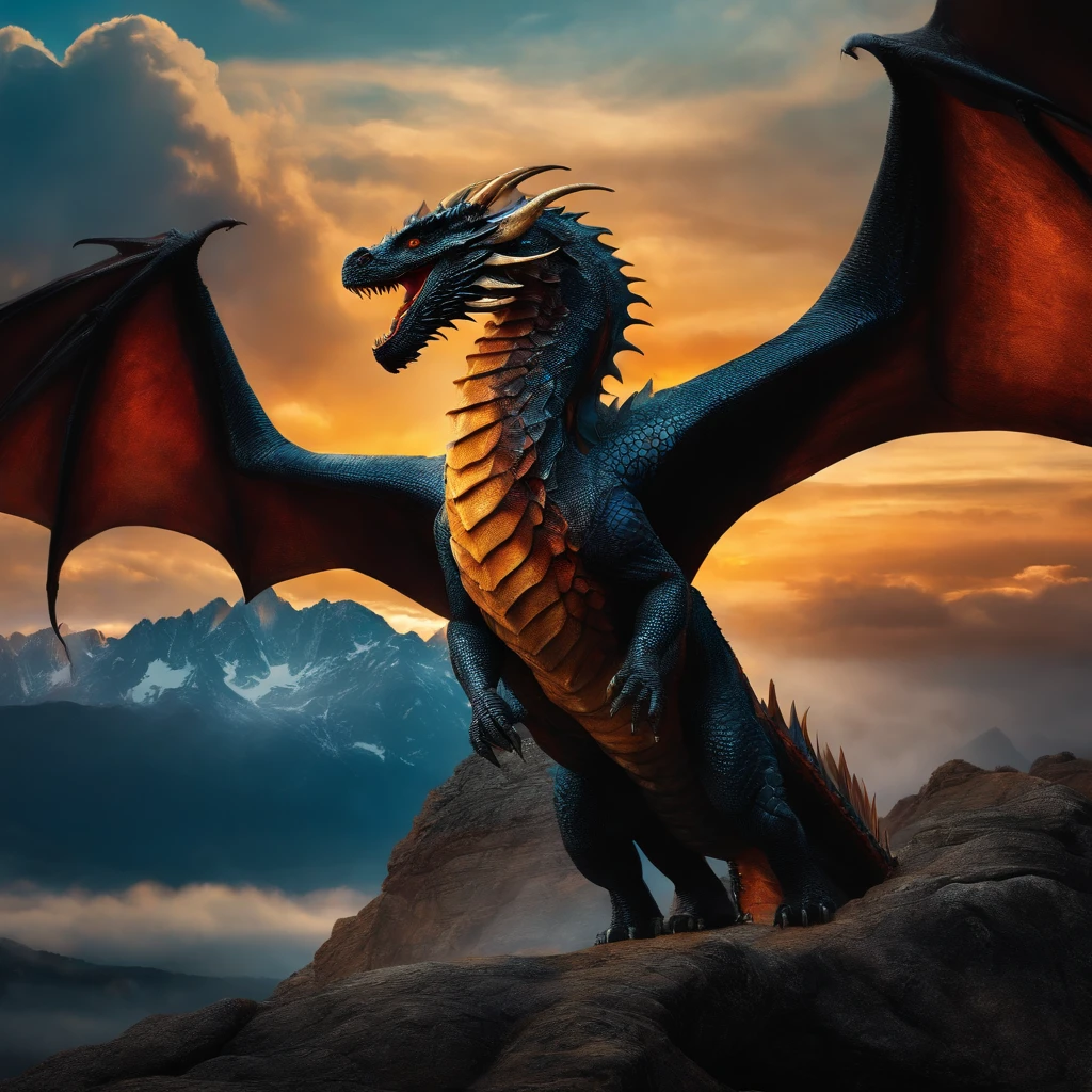 A dragon, is 500 years old, its color is black and it has golden scales, the background is a sunset sky.