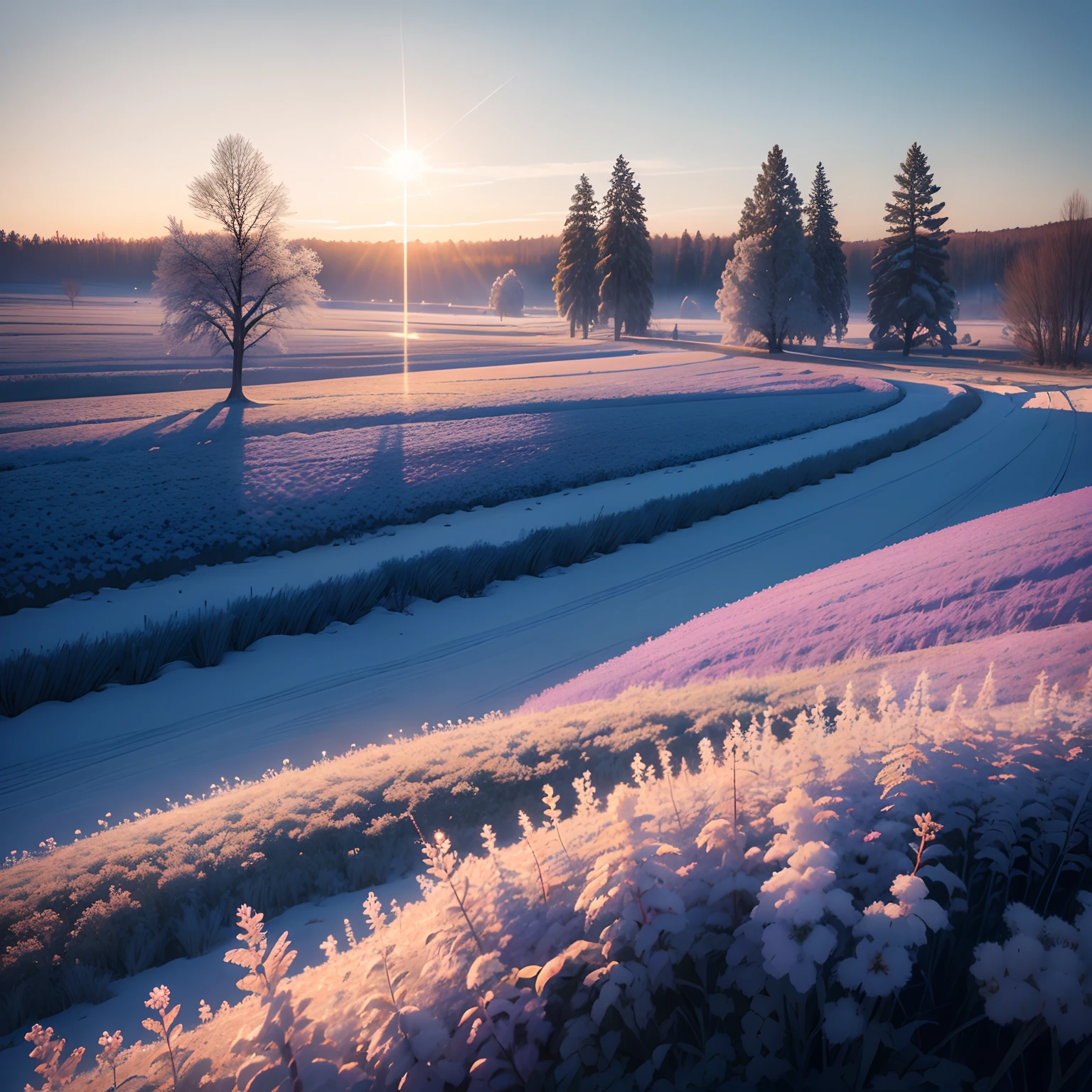 finest image, (8k, RAW photo, realistic), hoarfrost covered the plants in the field, blue sky without a single cloud, sunlight, dust of light, iridescent light particles, detailed and delicate depiction, professional lighting