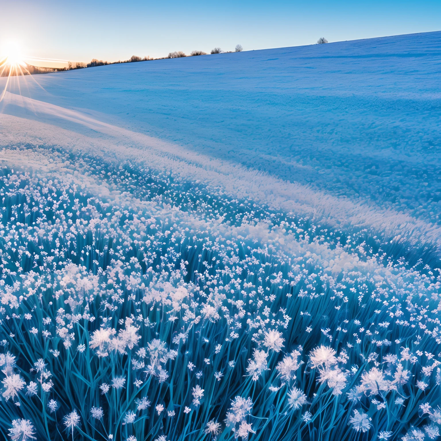 finest image, (8k, RAW photo, realistic), hoarfrost covered the plants in the field, blue sky without a single cloud, sunlight, dust of light, iridescent light particles, detailed and delicate depiction, professional lighting