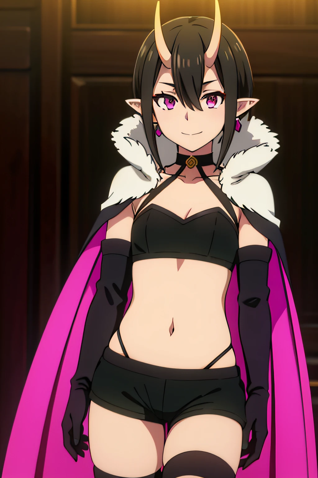 1girl,black hair,hair between eyes,white hair,bangs,pink eyes,horns,short hair,multicolored hair,purple eyes,eyeshadow,black hair,pointy ears,earrings,streaked hair,two-tone hair,makeup, black shorts,thighhighs,cape,highleg panties,fur-trimmed cape,choker,purple cape,navel,black gloves,short shorts,small breasts,glowstick,elbow gloves,midriff, 1girl, solo, facing viewer, looking at viewer, upper body, smile.