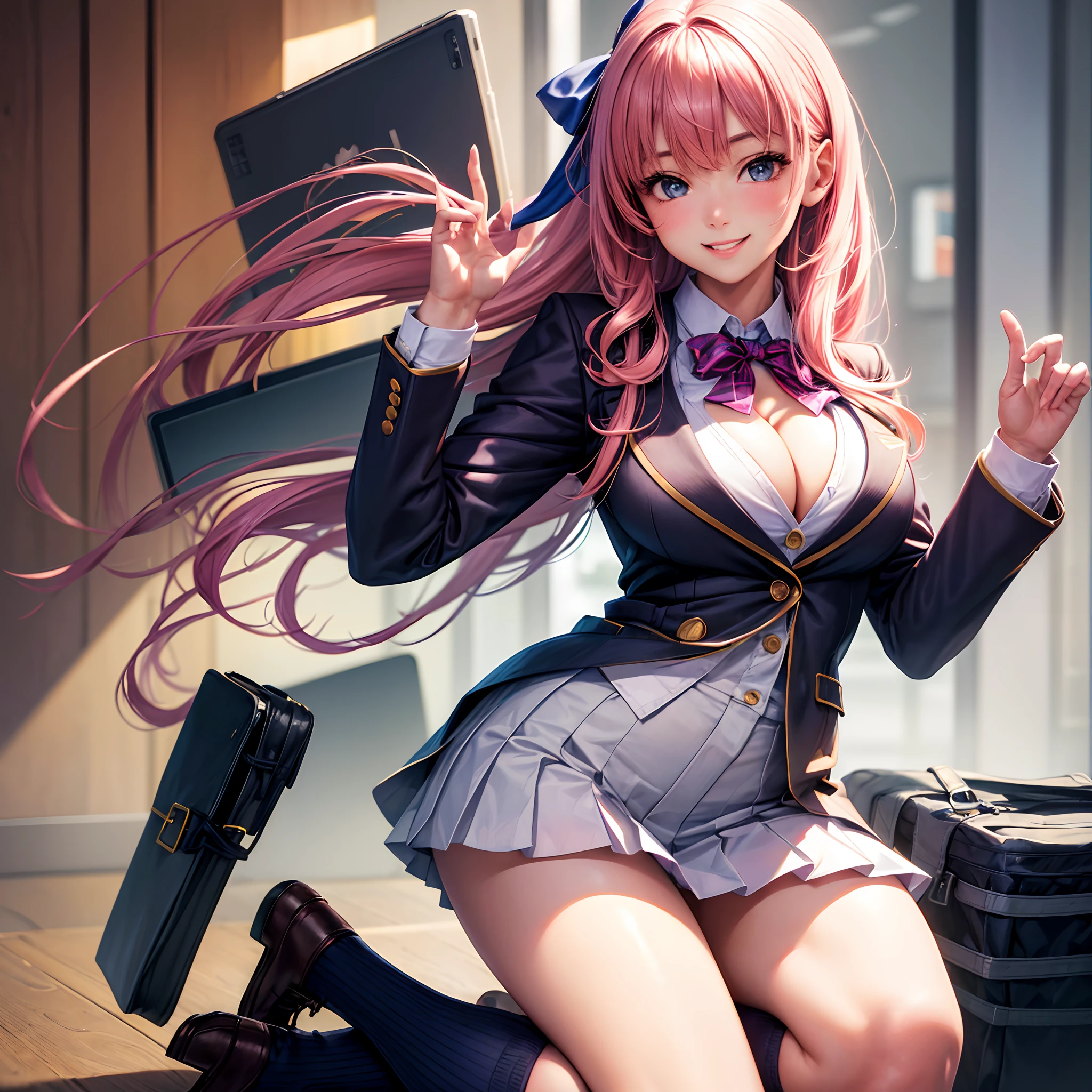 (best quality, highres:1.2), ultra-detailed, (realistic:1.37) girl, school uniform with ribbon, cute blazer, smiling, cleavage, beautiful girl, busty, loose socks, perfect beauty, school campus, multi-colored hair, stunning figure, happy girl
