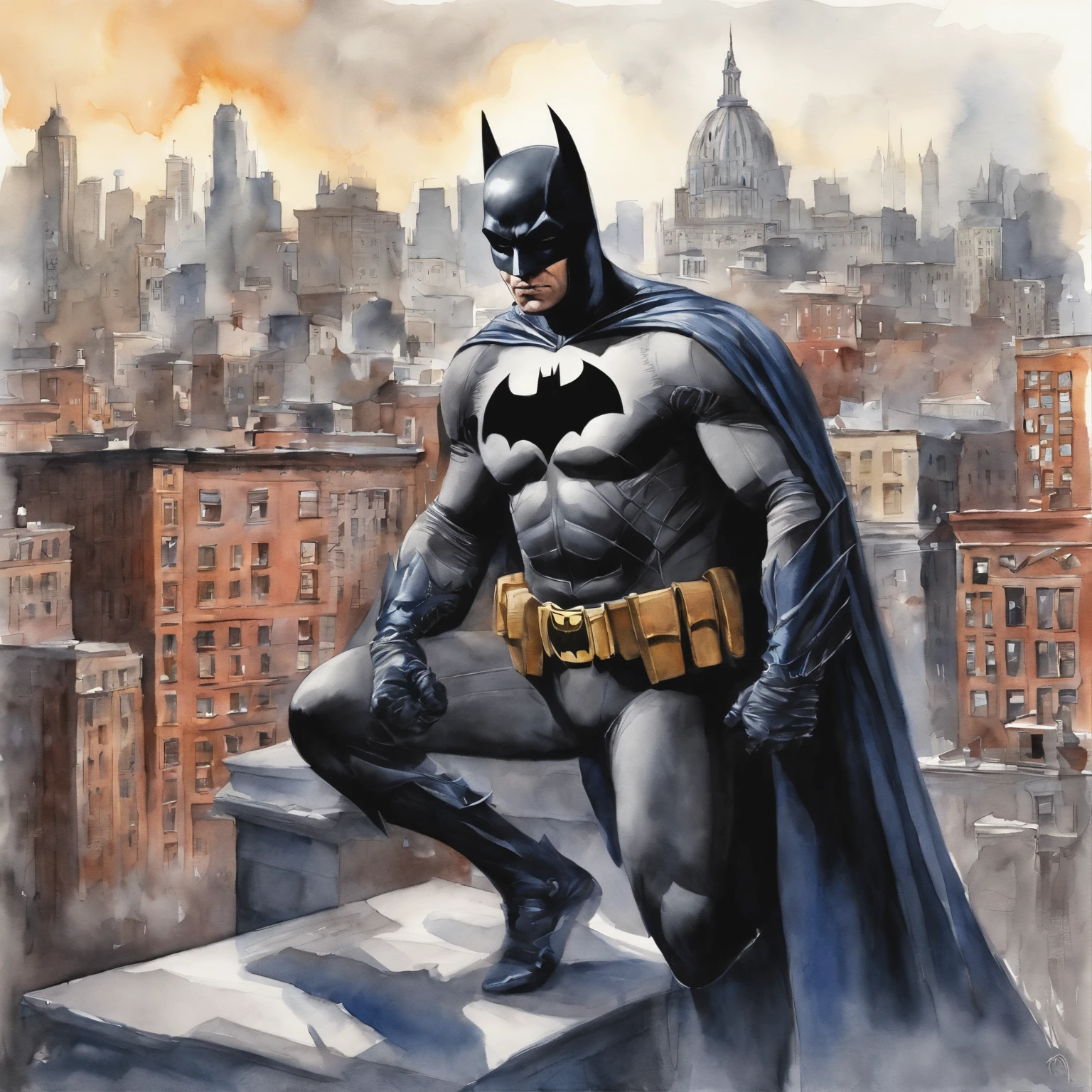 Batman perfect anatomy on the rooftops of Gotham City à la Alex Ross