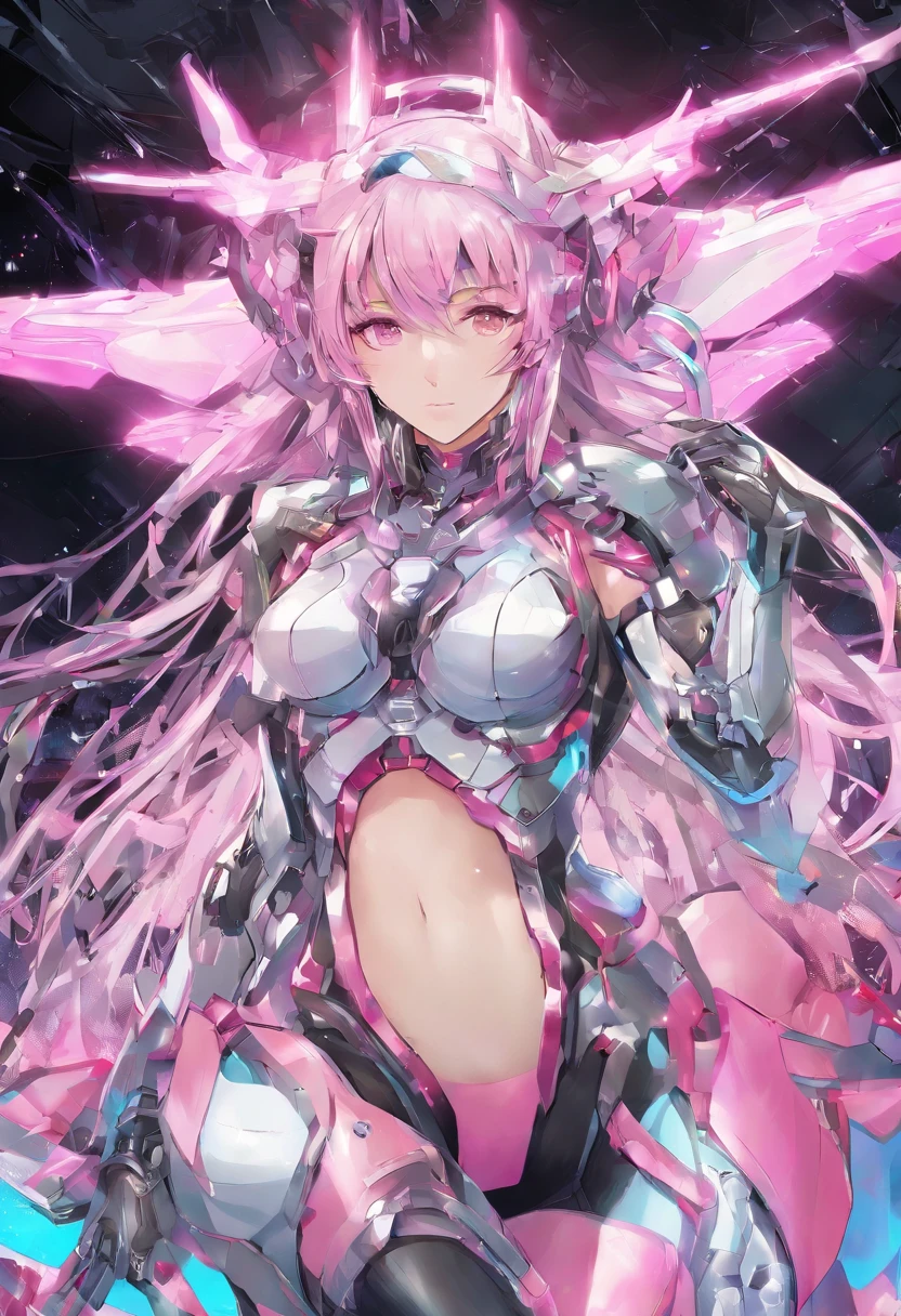 Bokeh, masutepiece, Best Quality, High quality, absurderes, hight resolution, 8K, 4K, (Full body:1.3), (mecha musume:0.8), armor, place々Exposed Yes,Older, deadpan, Long silver hair, hair between eye, side locks, (Pink eyes:1.4), From below, Looking down, medium breasts, Pink cloak, diadems, Pink eyeliner, Pink, Partially light blue