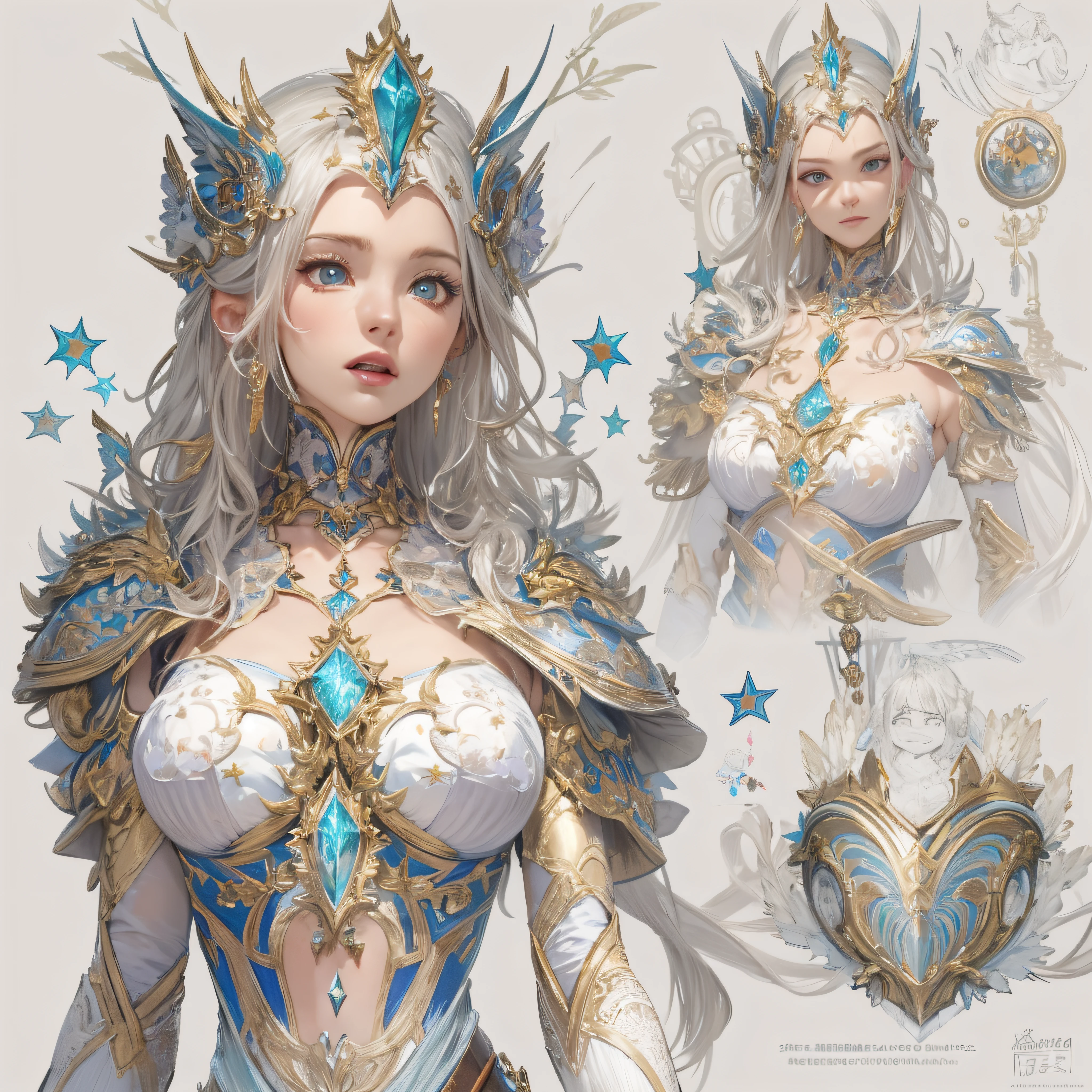 ((Masterpiece, Highest quality)), Detailed face, CharacterDesignSheet， full bodyesbian, Full of details, Multiple poses and expressions, Highly detailed, Depth, Many parts，white backgrounid，National style，Beautiful paladin girl，estilo fantasia，Holding a shield，mirrors，Extremely beautiful，Irridescent color，High Balance, Natural light, Lace，lacepantyhose，starrysky，Star decoration