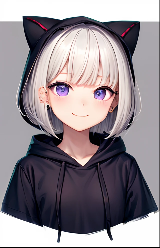 girl with、No background、without background、Background through、gray hair、Gray hair、Gray-colored hair、short-cut、bob cuts、Subject bangs、Pattsun bangs、Aligned bangs、Sareme、Sauce order、piercings、耳Nipple Ring、a purple eye、Purple eyes、、embarrassed from、A shy smile、Long Sleeve Cat Ear Hoodie、Wearing a cat-eared hoodie、Moe Sleeve、Long sleeves、kawaii、No background