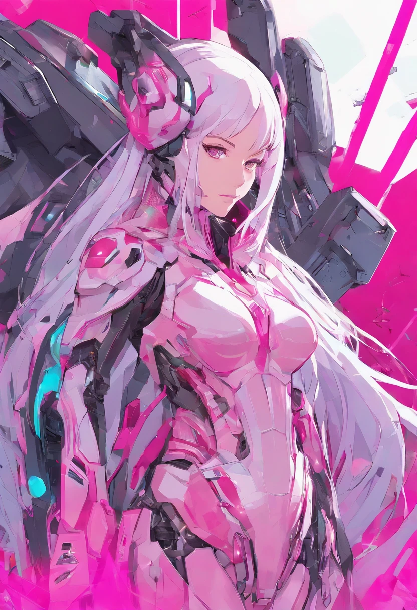 Bokeh, masutepiece, Best Quality, High quality, absurderes, hight resolution, 8K, 4K, (Full body:1.3), (mecha musume:0.8), armor, place々Exposed Yes,Older, deadpan, Long silver hair, hair between eye, side locks, (Pink eyes:1.4), From below, Looking down, medium breasts, Pink cloak, diadems, Pink eyeliner, Pink, Partially light blue