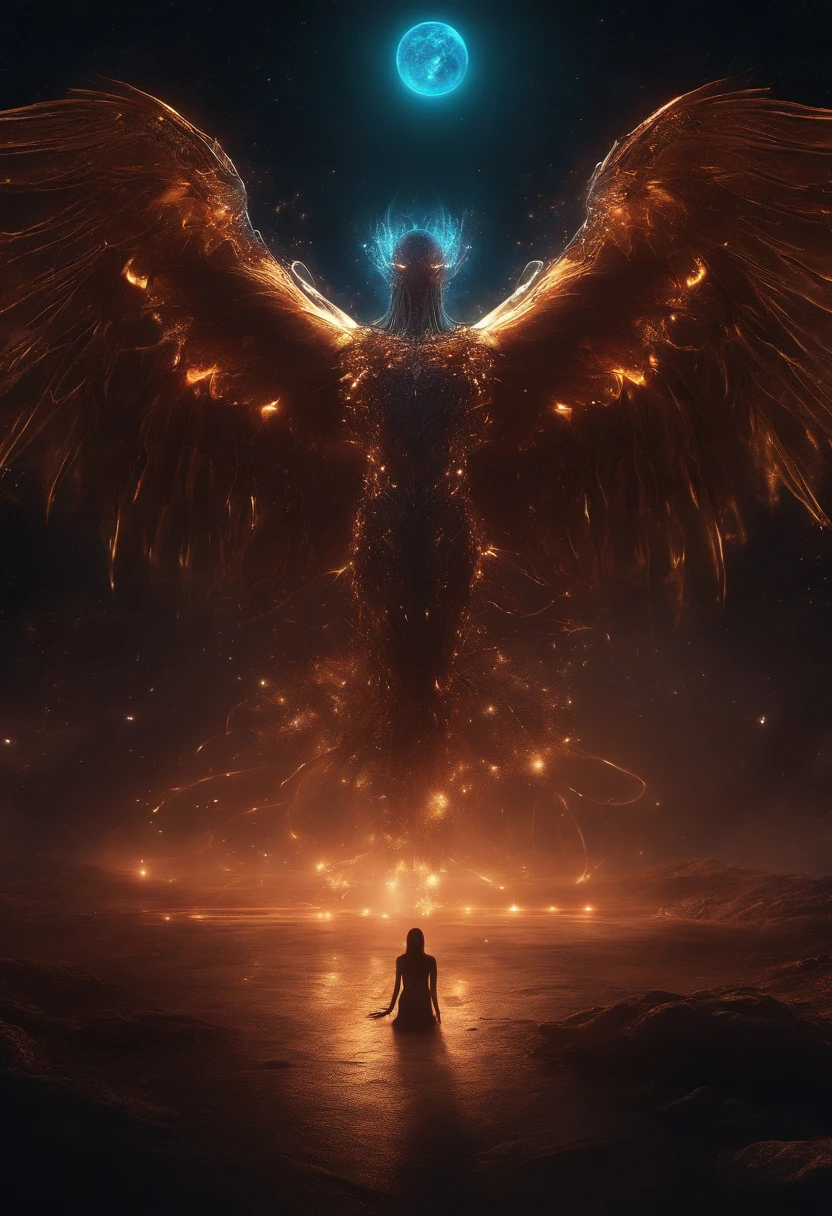 Fallen Angels of the Universe, glowing light eyes, biomechanical, eery, creepy, nightmarish, Very bright colors, light Particle, with light glowing, Musif, Wallpaper Art, UHD Wallpapers