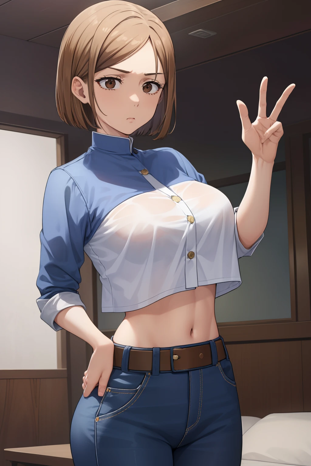 Nobarakugisaki, Nobara Kugisaki, Bob Cut, (brown eyes:1.7), brown hair, labios, pelo corto,
BREAK Belt, brown belt, pantimedias marrones, Recortar arriba, Voladizo superior de recorte, Uniforme de Jujutsu Tech, pantys, falda plisada, Camisa metida, falda, falda azul, Crop Top azul,
DESCANSO mirando al espectador,
DESCANSO en interiores, Classroom,
QUEBRAR (Obra maestra:1.2), La mejor calidad, High resolution, Unidad 8K Fondo de pantalla, (illustration:0.8), (hermosos ojos detallados:1.6), Cara extremadamente detallada, Perfect lighting, CG extremadamente detallado, (Manos perfectas, Perfect anatomy), pose sexi, sensual, provocativa