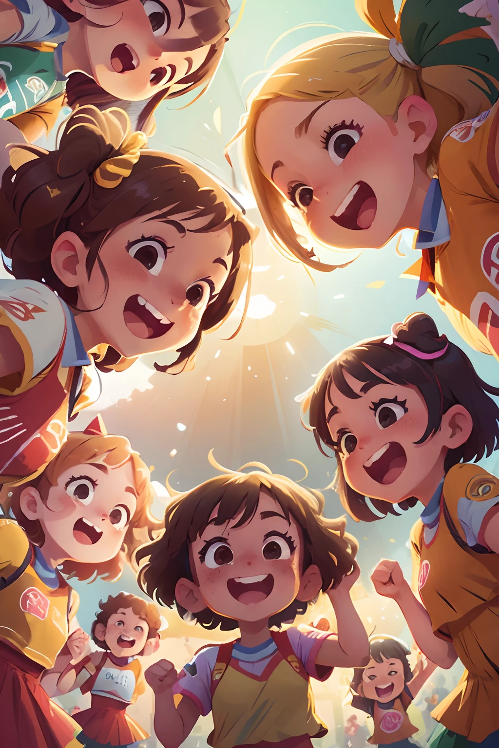 group of girls, cheering, Victory, Happy, Energetic, Festive face, joyful look, Exhilarating moments, Thunderous applause, Jump up and down, Raised hands, Smiles, Excitement, Triumphant, Proud, Dynamic Poses, colourful clothes, vibrant atmosphere, Friends, friendship, Unity, teamwork, Euphoria, Ecstatic, Enthusiastic, Amazing achievements, Unforgettable memories, Success, Exciting, Vibrant, Dynamic lighting, vivd colour, Professional photography style