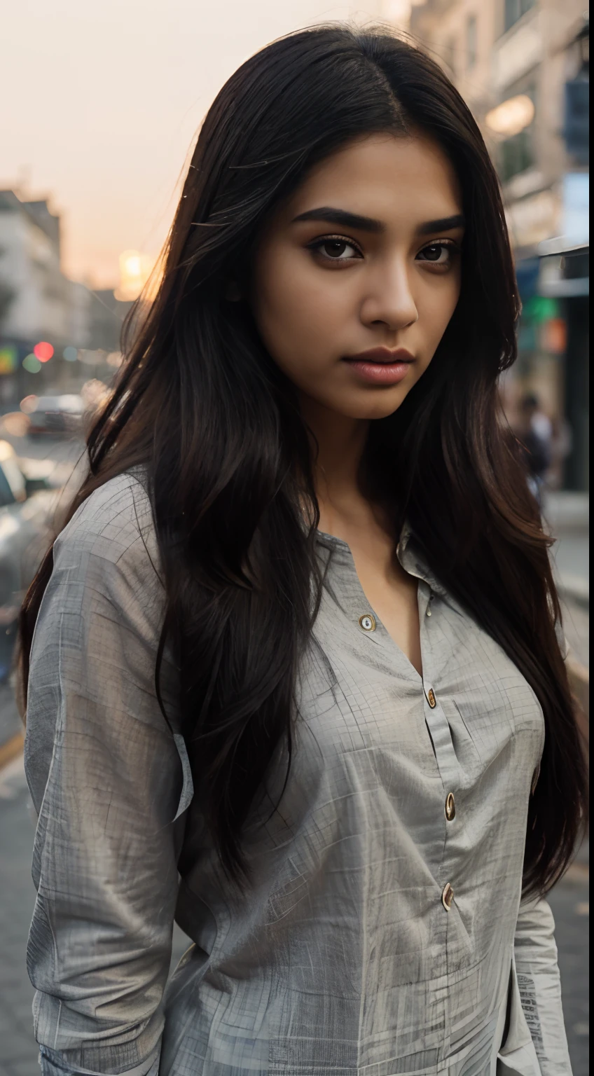 ultra-realistic photographs,Indian Instagram female model,mid 20s,9:16,mid-shot,beautiful detailed eyes,detailed lips,longeyelashes,long black hair, tied straight hair, naturally full eyebrows,perfectly formed nose,expressive face,attractive appearance,candid photo,formal shirt dress, checkered, golden hour street background, serene atmosphere,stunning architecture,soft and natural lighting,vivid colors,photorealistic,HDR,highres,studio lighting,ultra-detailed,bokeh,fully covered clothes