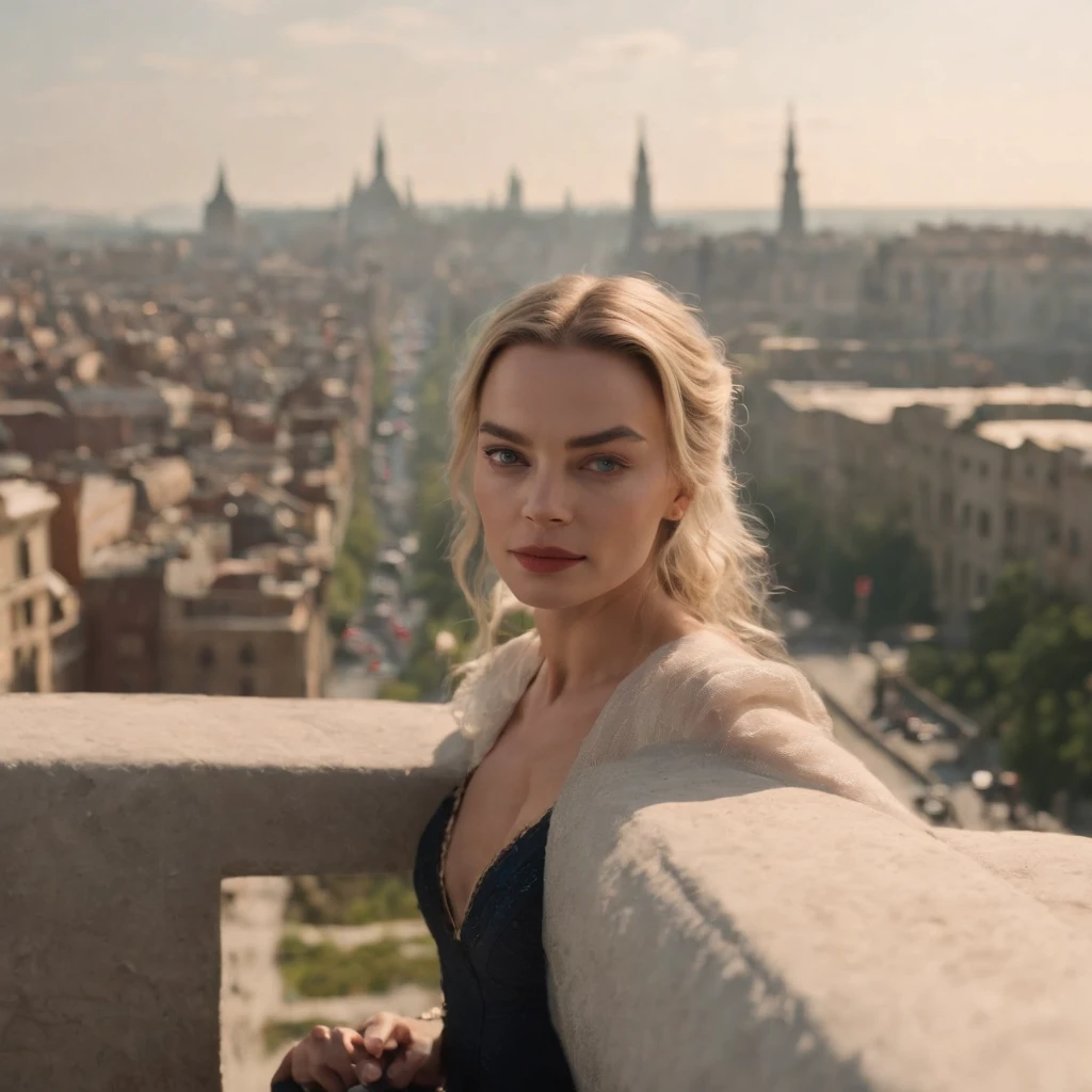 500 foot tall giantess margot robbie looking down on tiny city beneath her feet