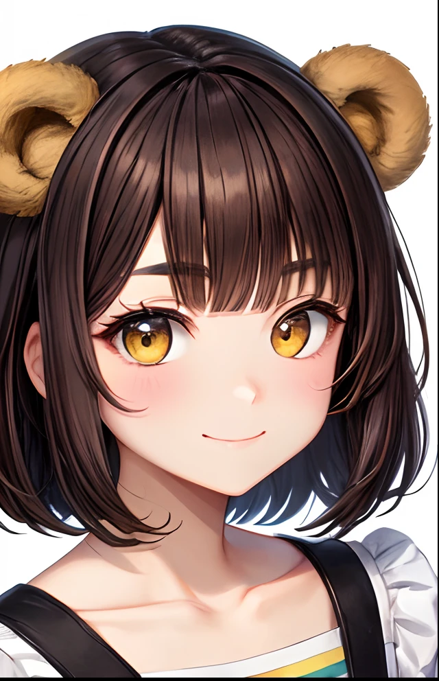 girl with、No background、without background、Background through、brown haired、Brown hair、short-cut、bob cuts、Subject bangs、Pattsun bangs、Aligned bangs、Sareme、drooping eyebrows、Takuambi、Marovi、Round eyebrows、Yellow eyes、Yellow eyes、Bear ears、Bear ears、a smile、Embarrassing、onepiece、frilld、kawaii、without background