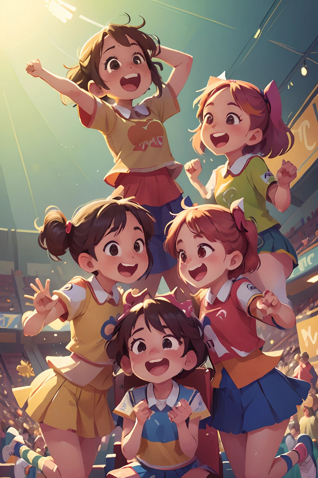 group of girls, cheering, Victory, Happy, Energetic, Festive face, joyful look, Exhilarating moments, Thunderous applause, Jump up and down, Raised hands, Smiles, Excitement, Triumphant, Proud, Dynamic Poses, colourful clothes, vibrant atmosphere, Friends, friendship, Unity, teamwork, Euphoria, Ecstatic, Enthusiastic, Amazing achievements, Unforgettable memories, Success, Exciting, Vibrant, Dynamic lighting, vivd colour, Professional photography style
